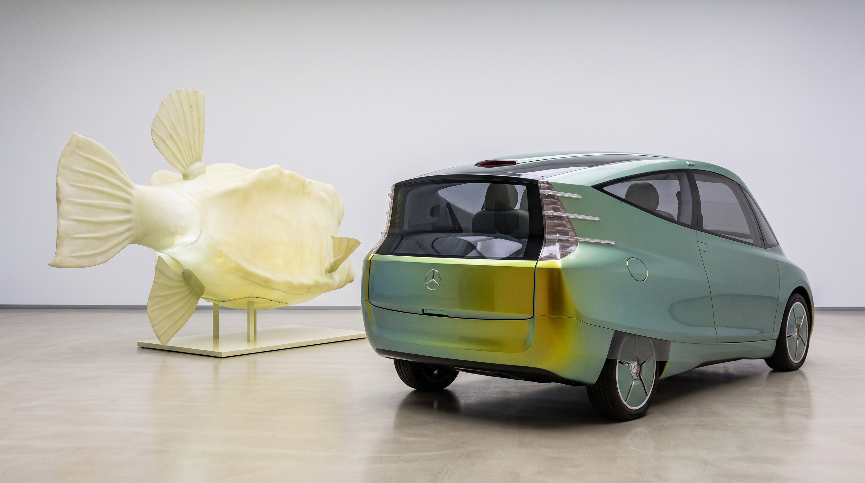 Il concept car Bionic esposto accanto al gigantesco modello di pesce scatola