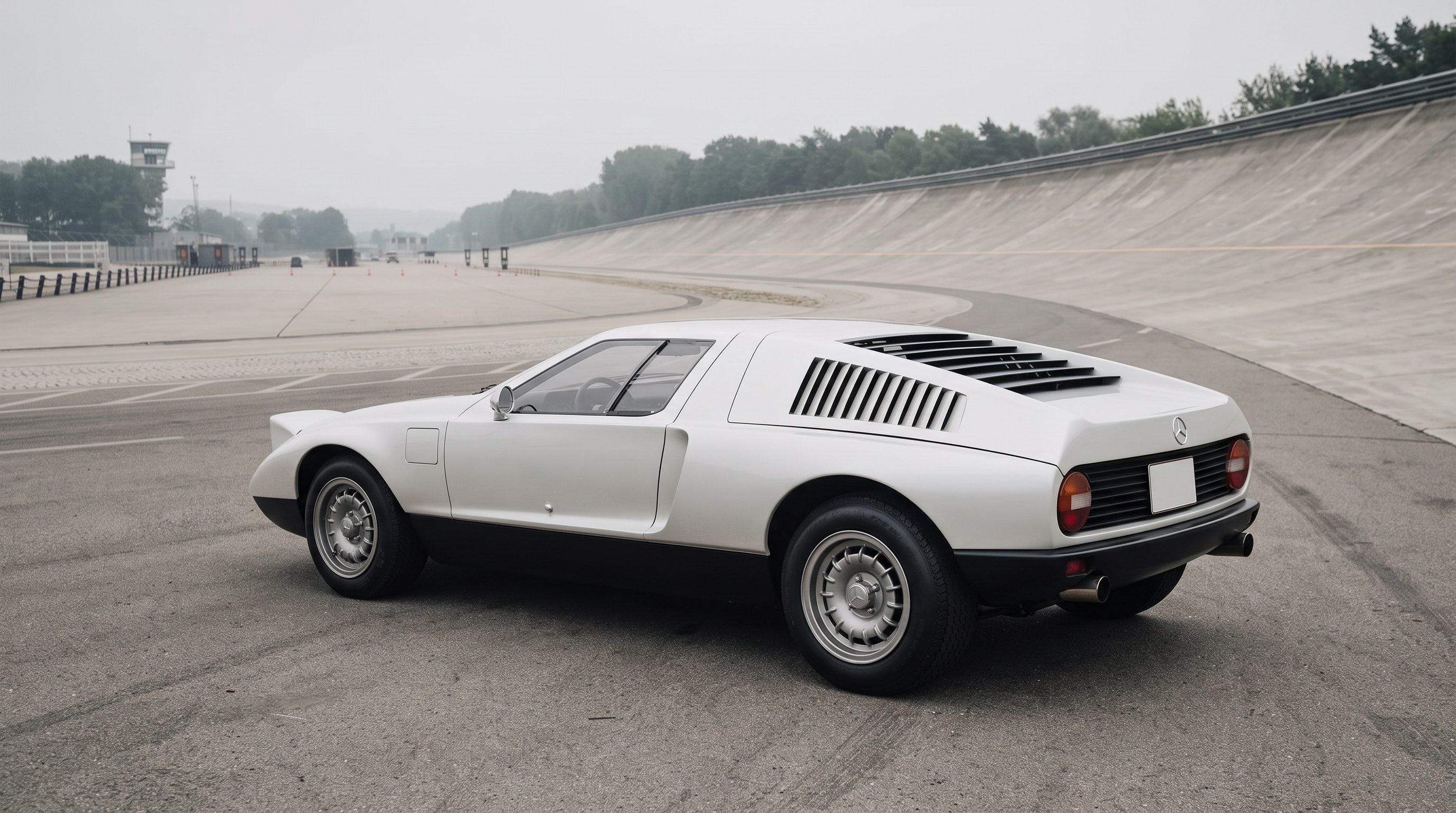 The first Mercedes-Benz C111 in white on a factory test track