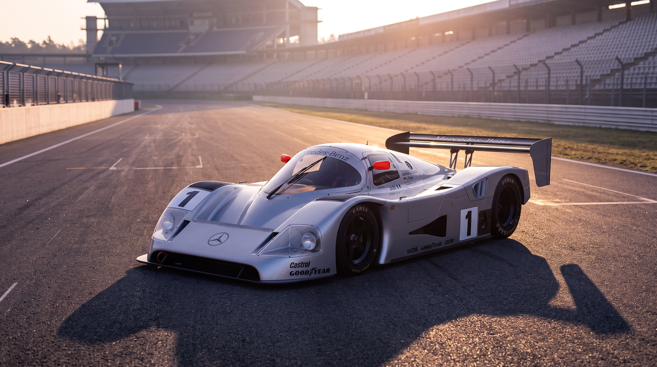 La Sauber-Mercedes C11 del Gruppo C su un circuito deserto all'alba