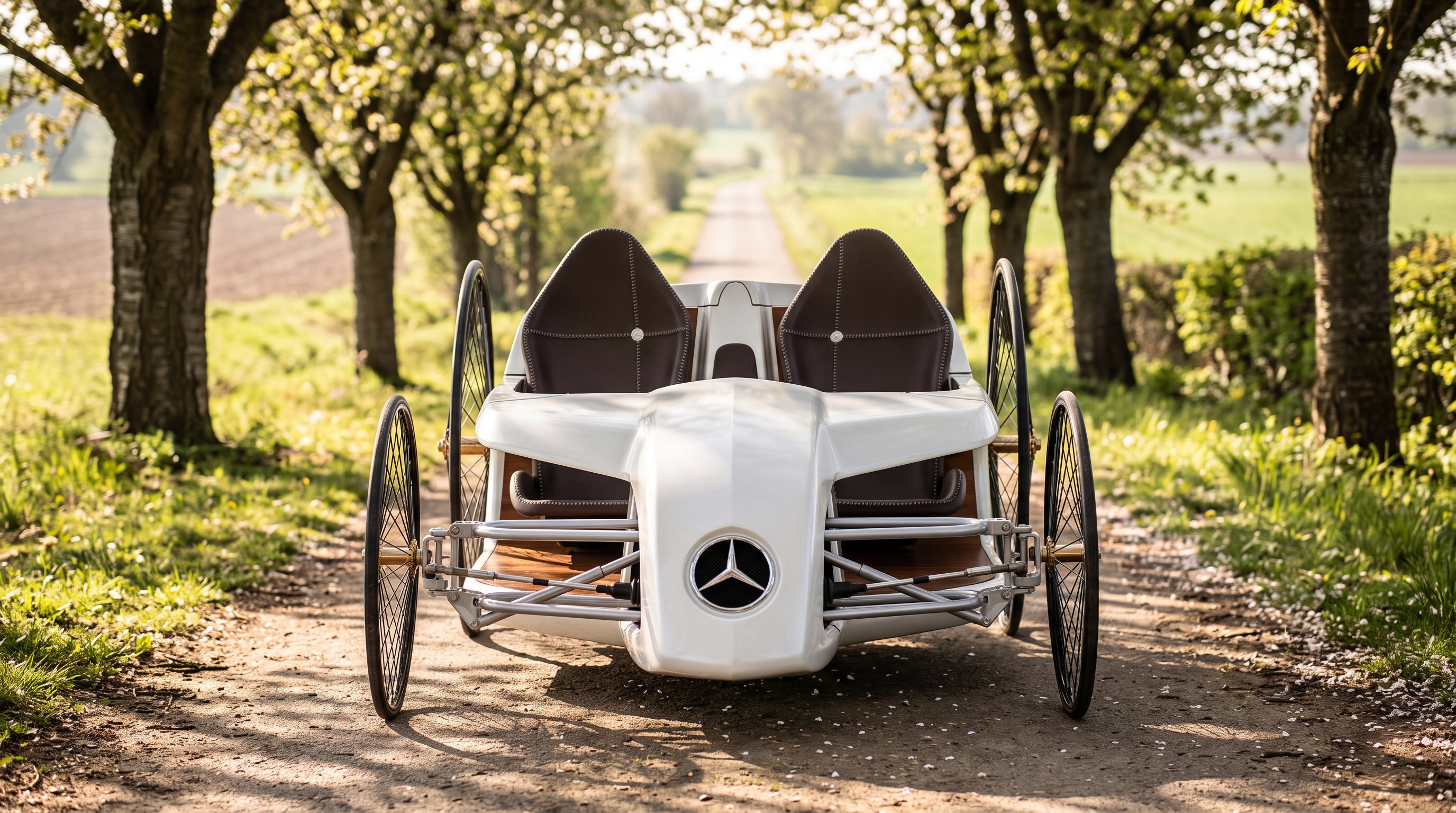 La F-CELL Roadster sur une petite route de campagne bordée d'arbres