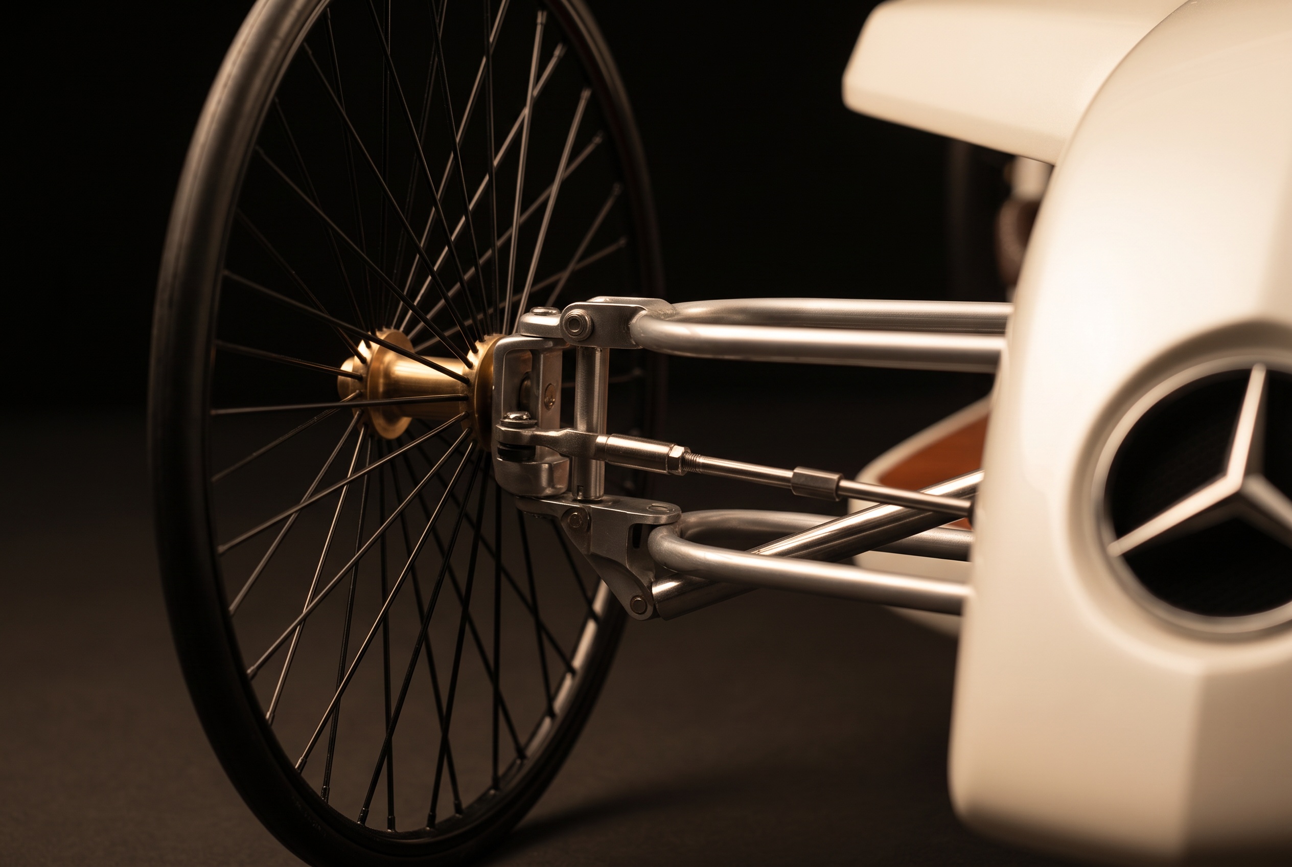 Gros plan sur la roue à rayons et la timonerie en acier de la F-CELL Roadster