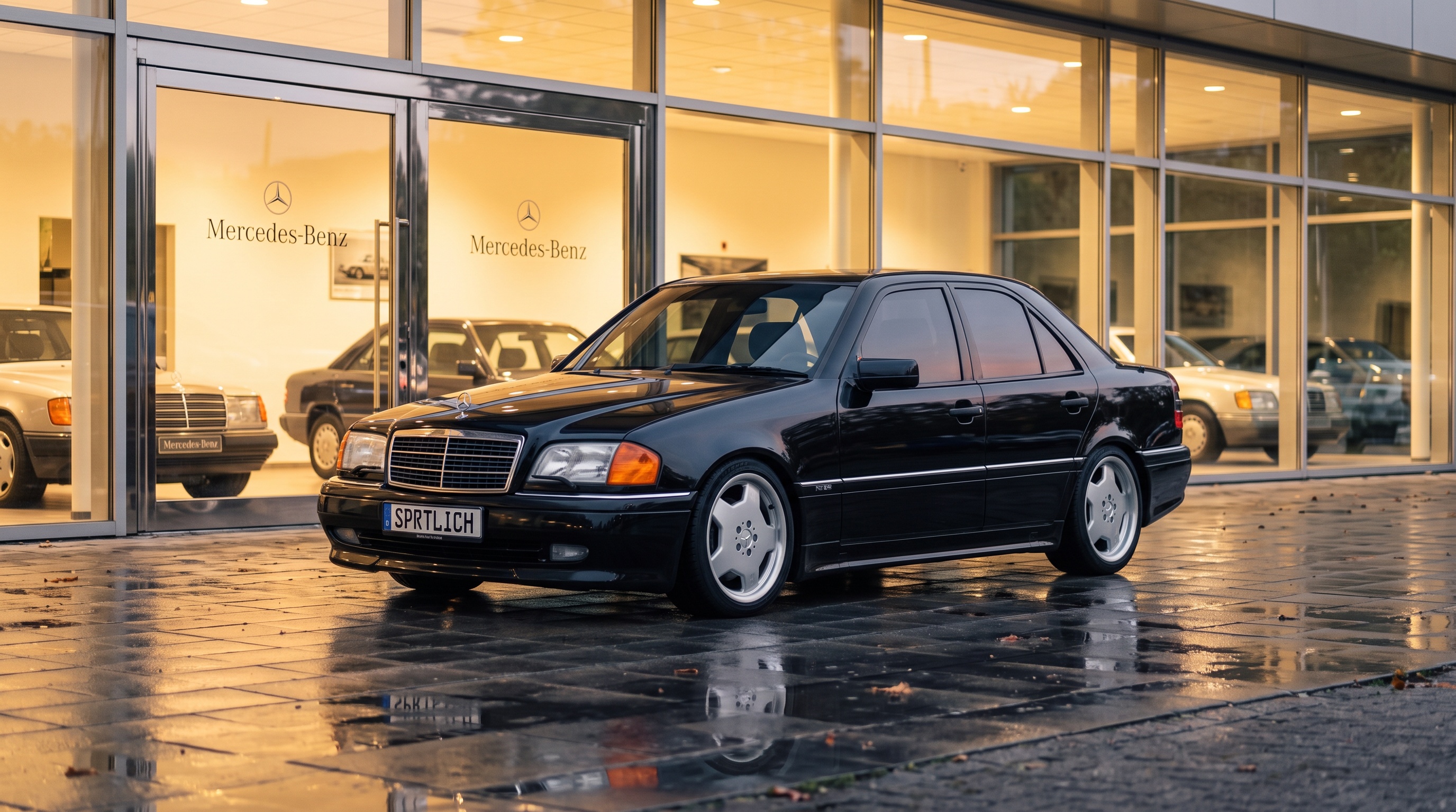 A Mercedes-Benz C 36 AMG outside a 1990s Mercedes dealership in the evening