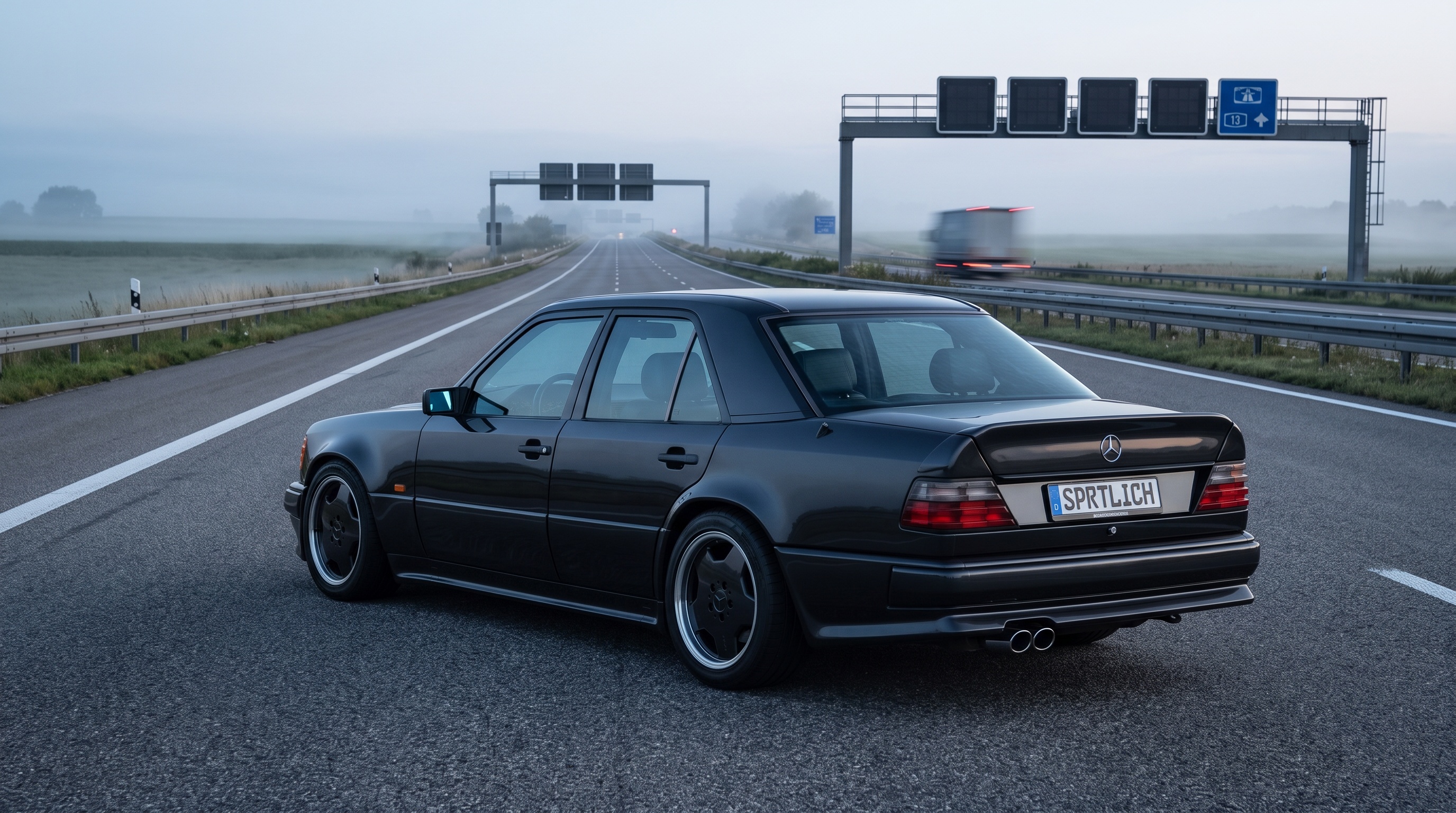 A Mercedes-Benz W124 AMG Hammer sedan on an empty autobahn at first light