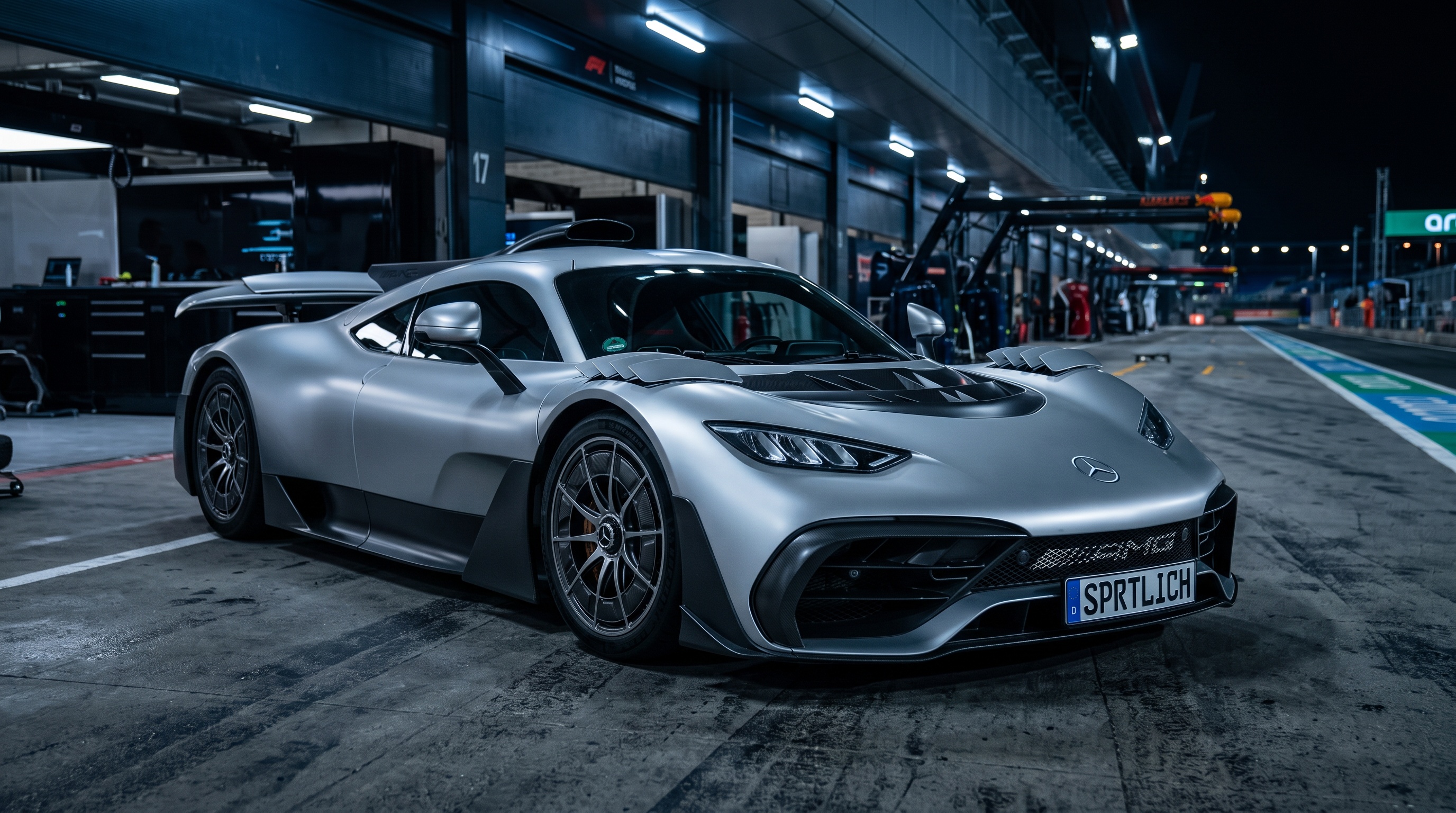 The Mercedes-AMG ONE hypercar in a Formula 1 pit lane at night