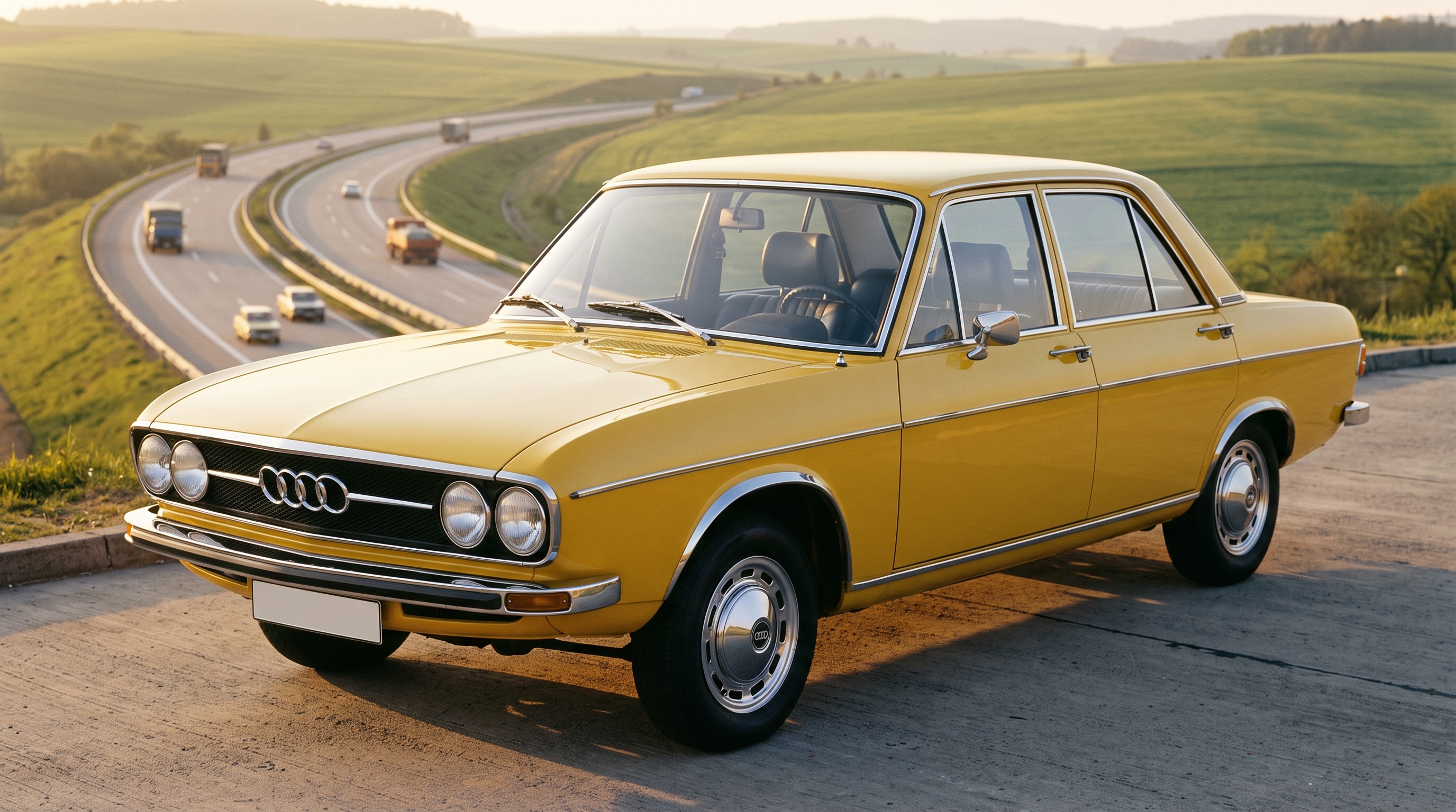 A yellow Audi 100 saloon parked above a sweeping autobahn curve in golden light