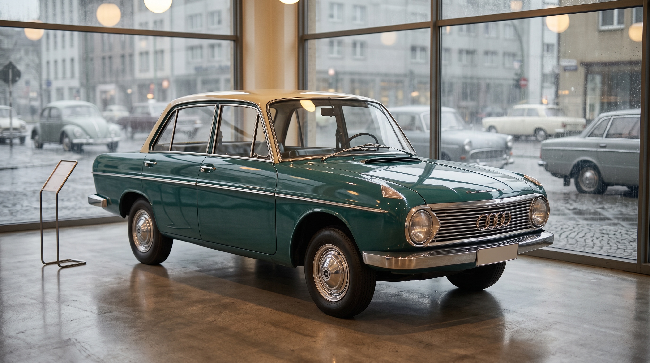 A teal DKW F 102 saloon standing in a rainy 1960s car showroom