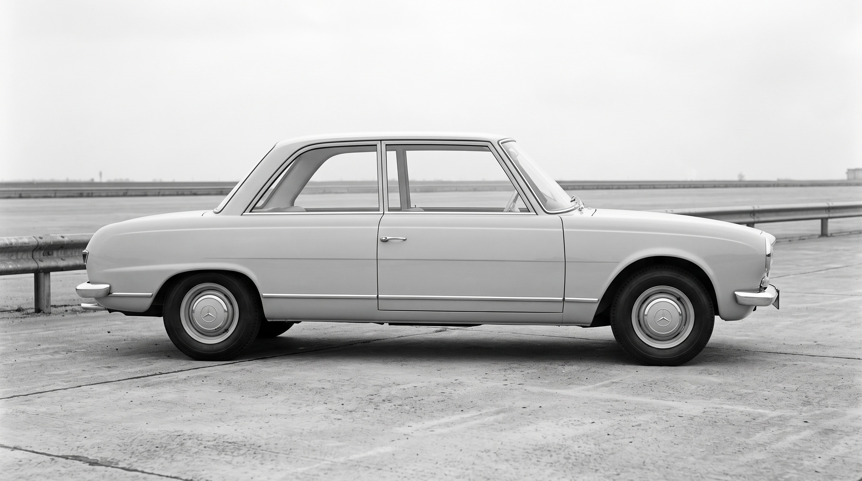 Side profile of the two-door Mercedes-Benz W119 prototype on a proving-ground apron