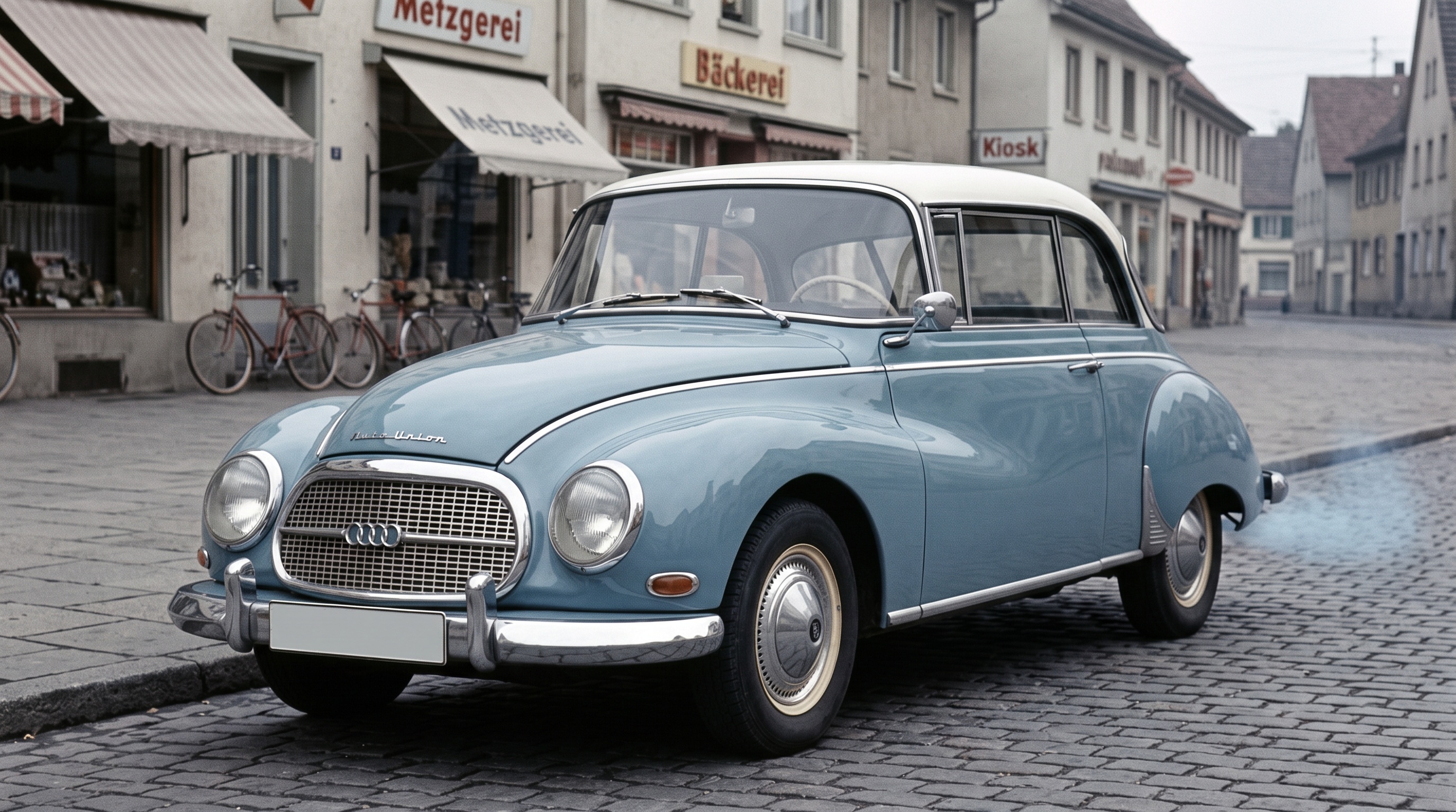 A two-tone Auto Union 1000 S coupé parked on a small-town West German street