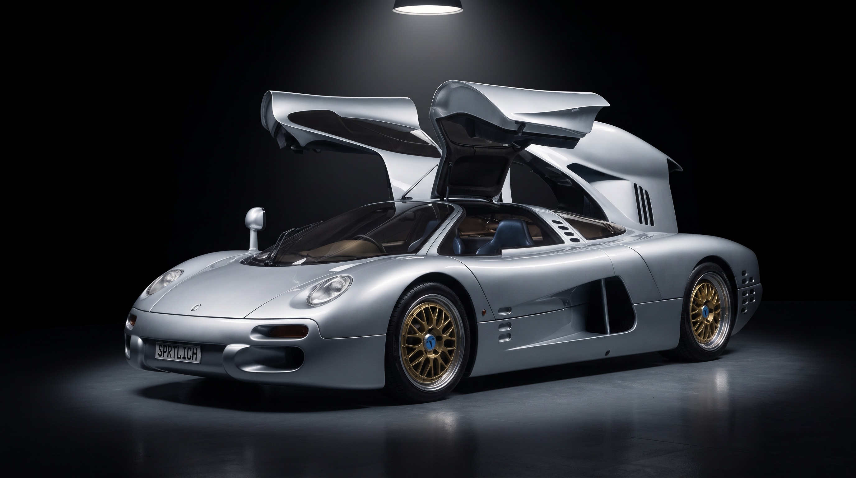 A silver long-tailed supercar with both gullwing doors raised under a single overhead spotlight