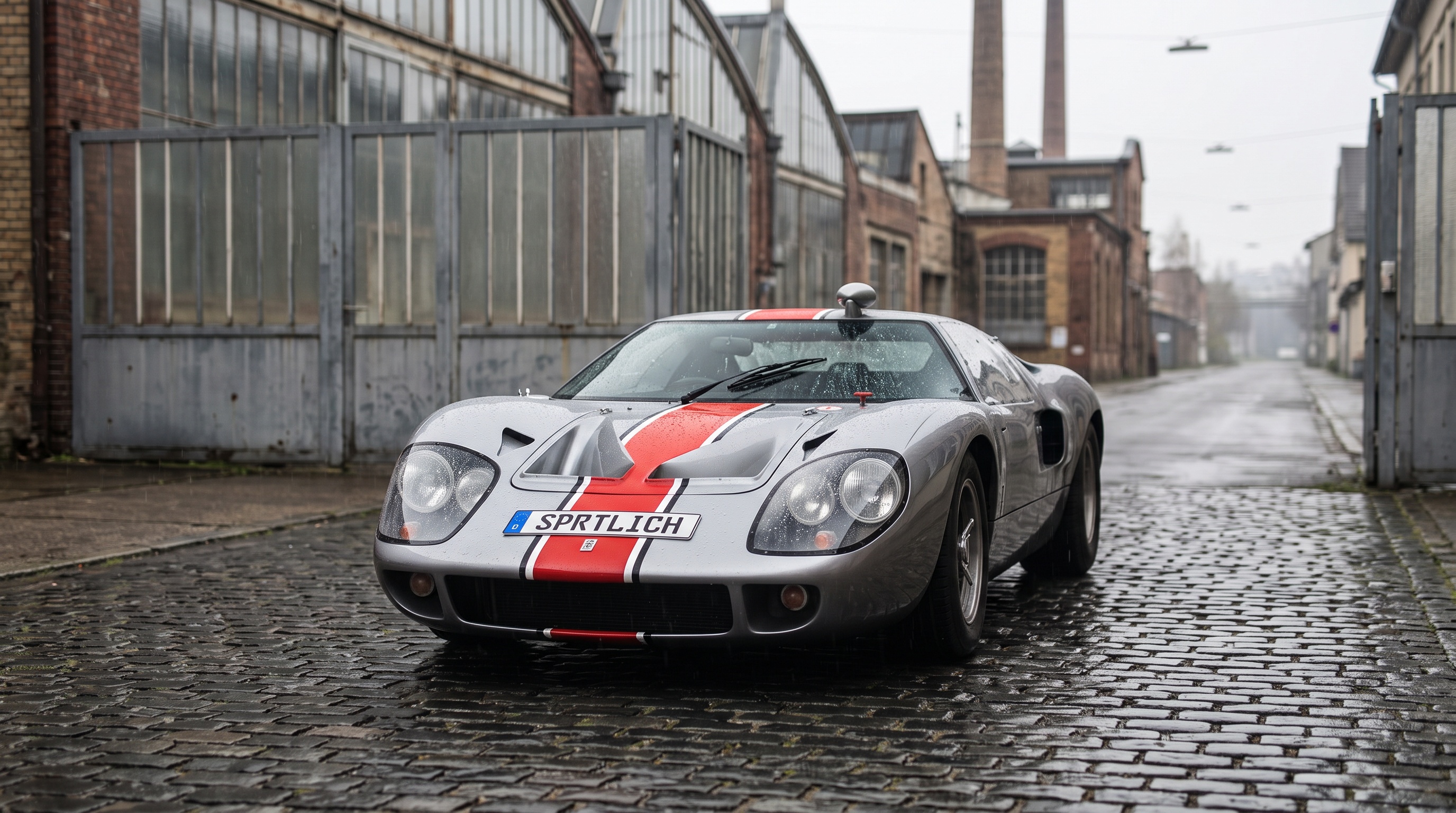 A silver mid-engined coupé with a red center stripe on wet cobbles outside a closed factory gate