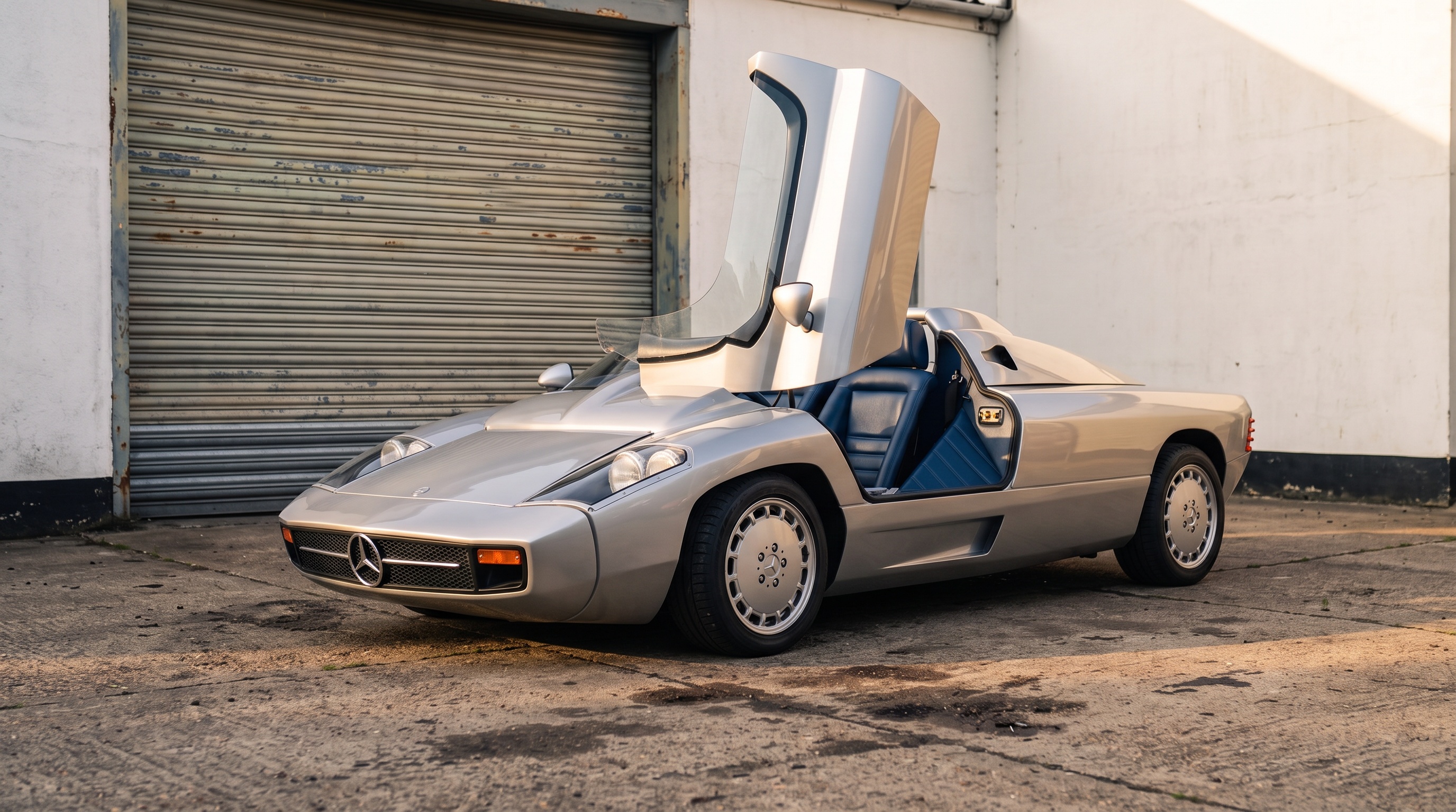 A silver mid-engined two-seater with its roof section hinged upright, in a workshop yard at dusk