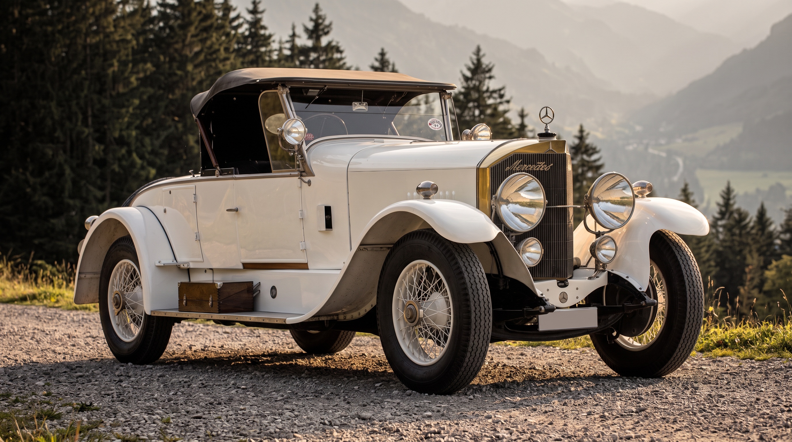 Biały sportowy roadster Mercedes 28/95 PS na szutrowej górskiej przełęczy w niskim, wieczornym słońcu