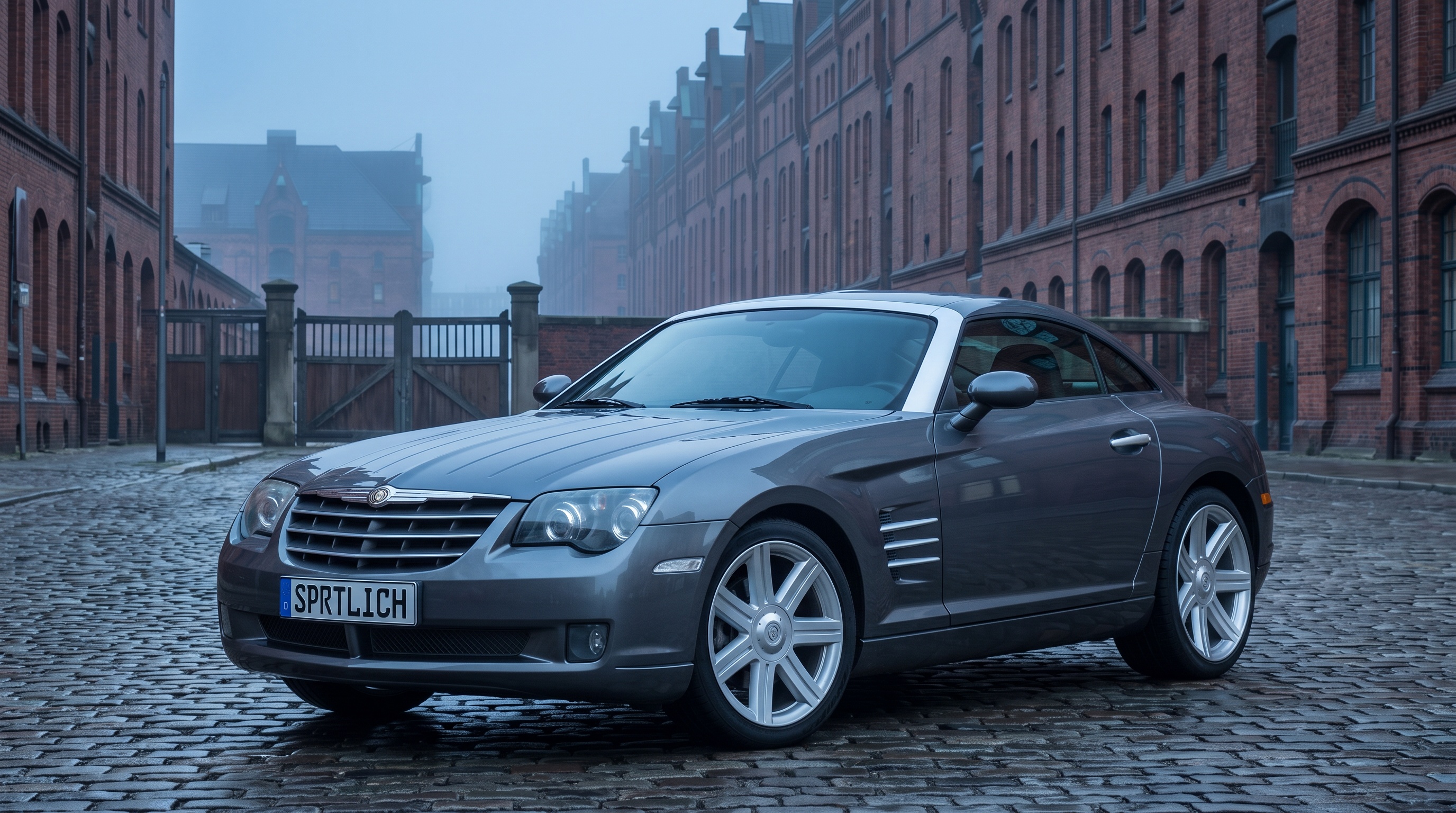 A graphite gray Chrysler Crossfire coupé on wet cobbles among brick warehouses at dawn