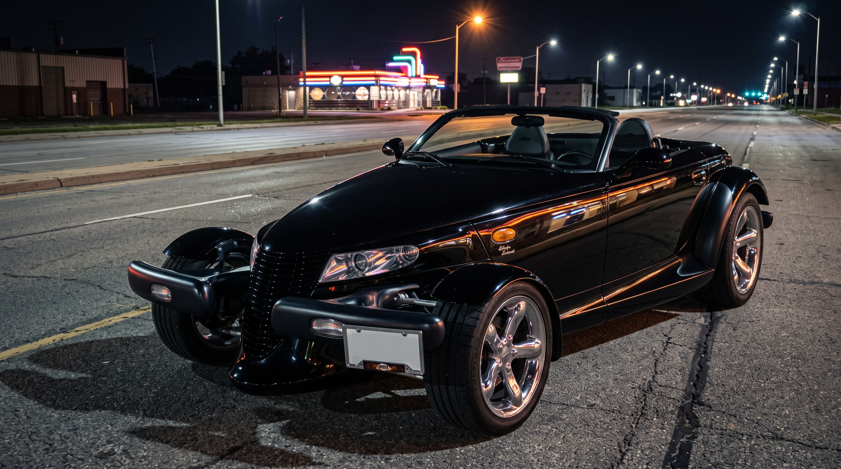 A black Plymouth Prowler on a deserted six-lane boulevard at night