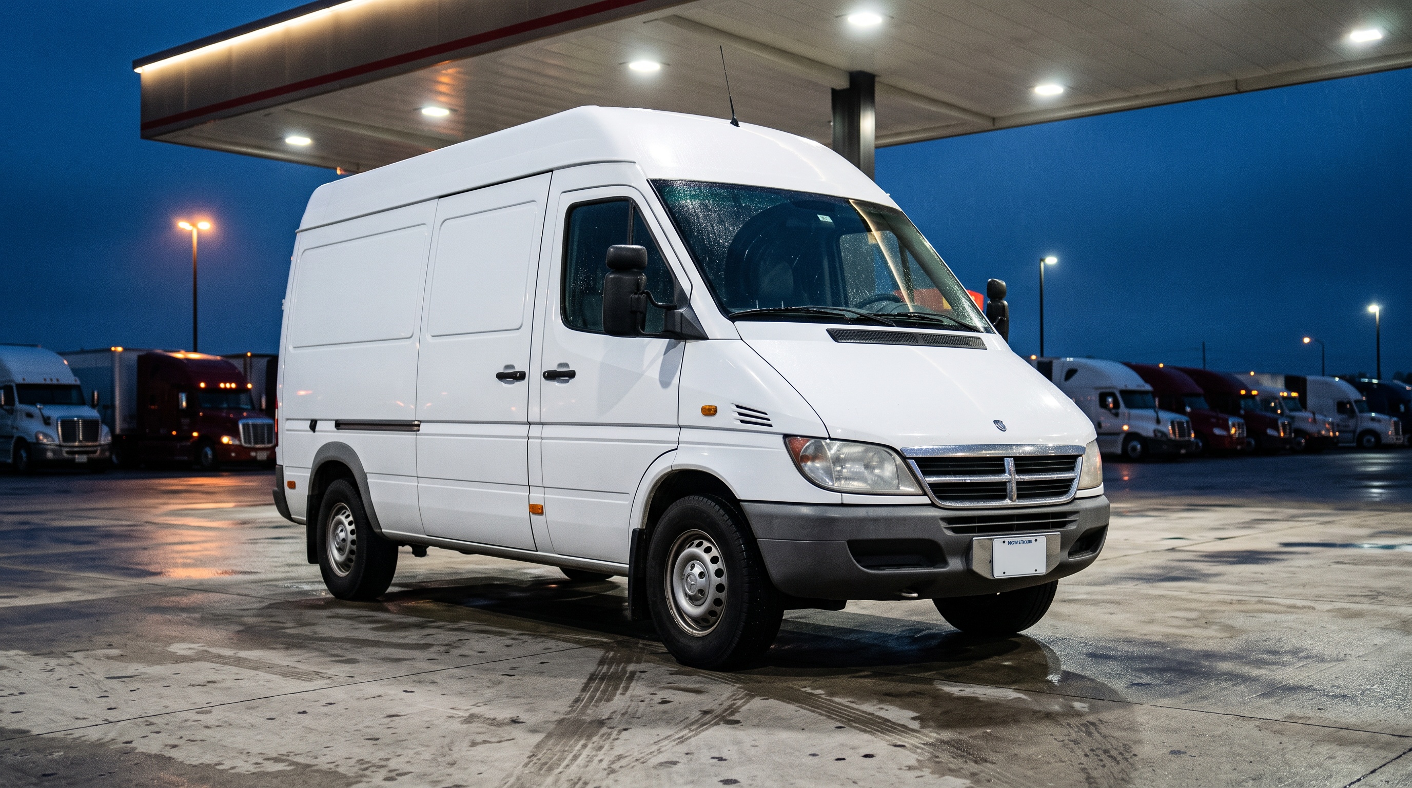 A plain white Dodge Sprinter high-roof van at a floodlit American truck stop at dusk