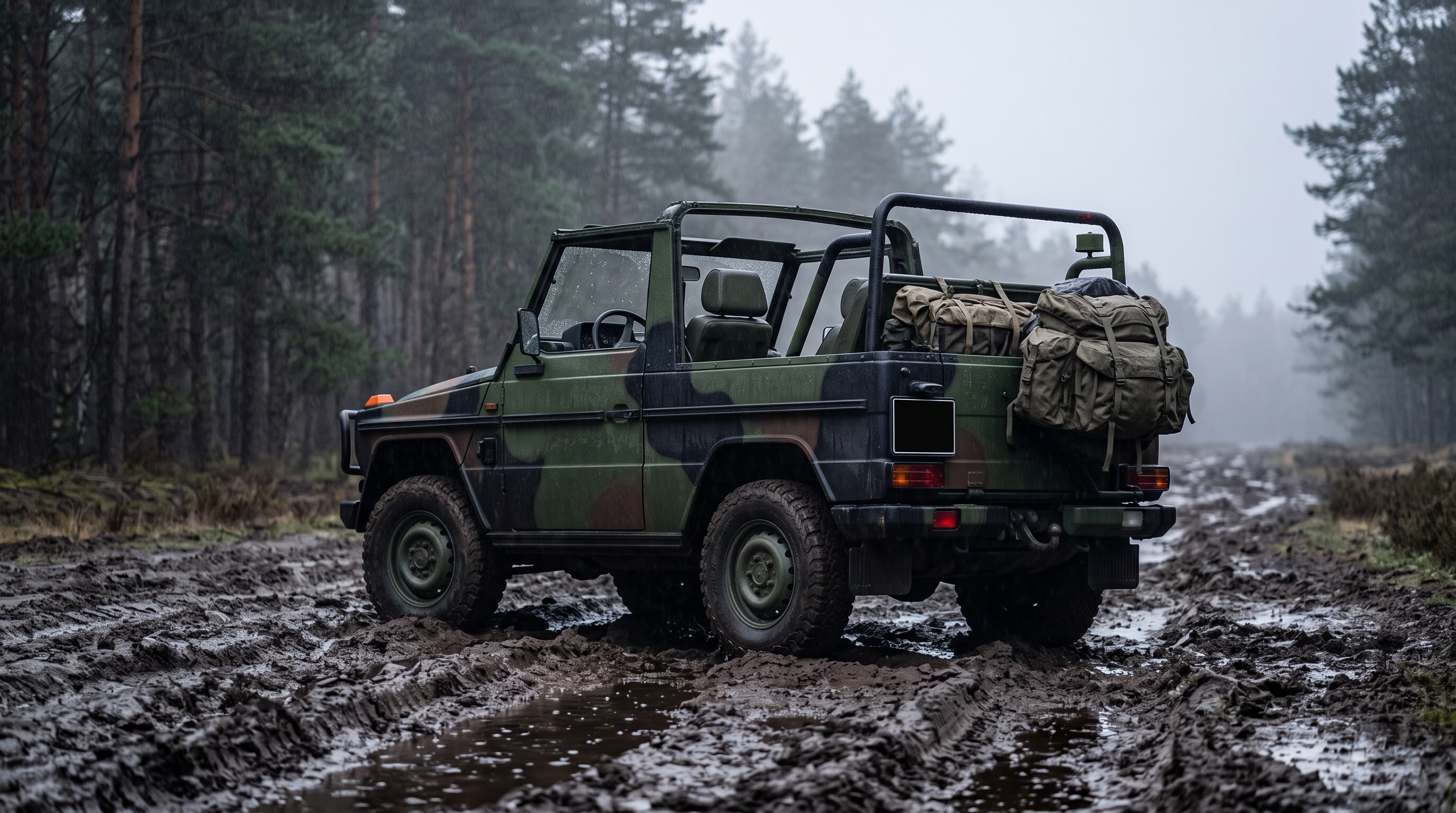 Naamioitu Bundeswehrin 250 GD Wolf seisomassa mutaisella metsätiellä sateessa