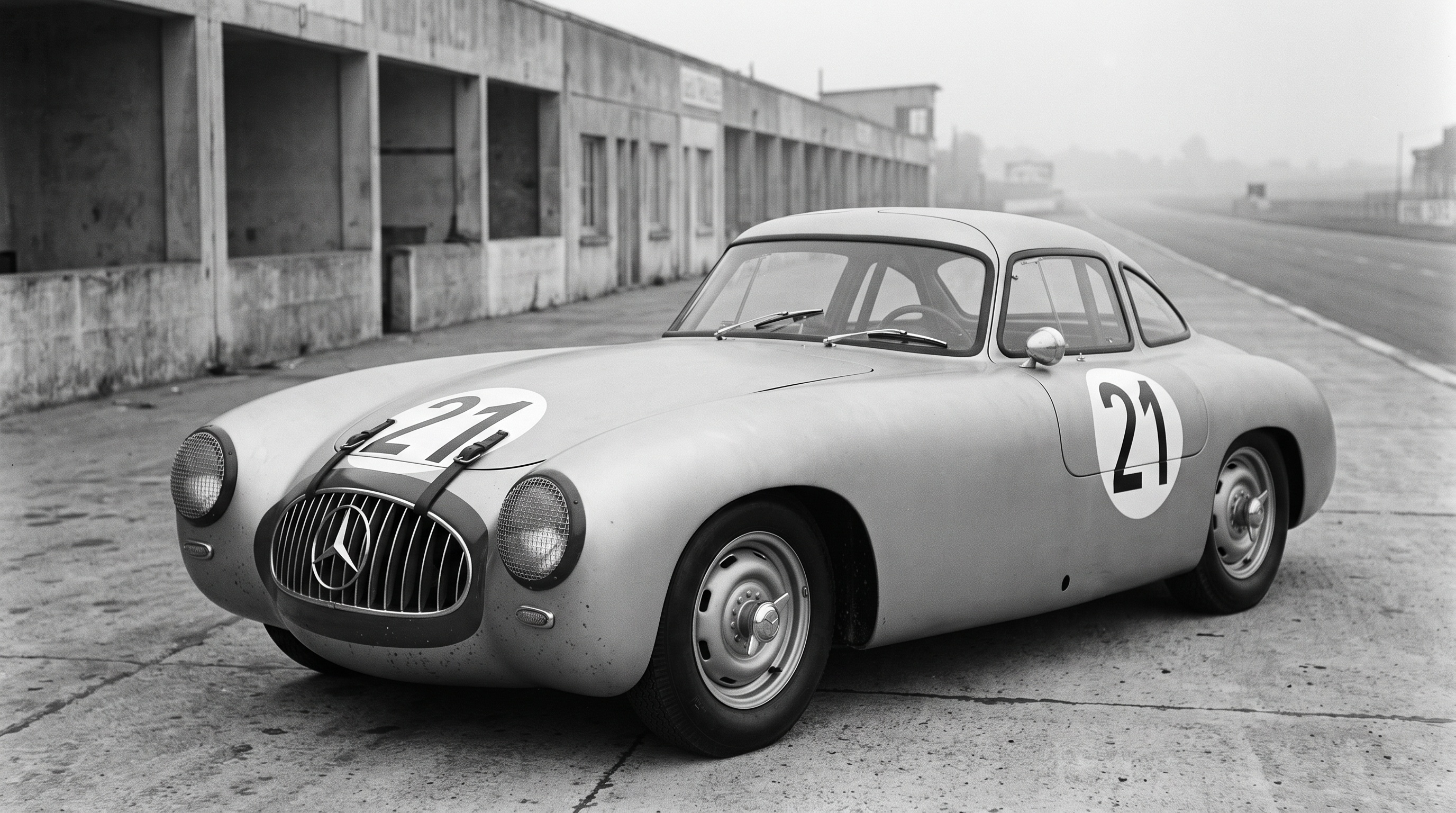 ピット建物のそばに立つ、番号21のル・マン仕様1952年メルセデス・ベンツ300 SLレーシングクーペ