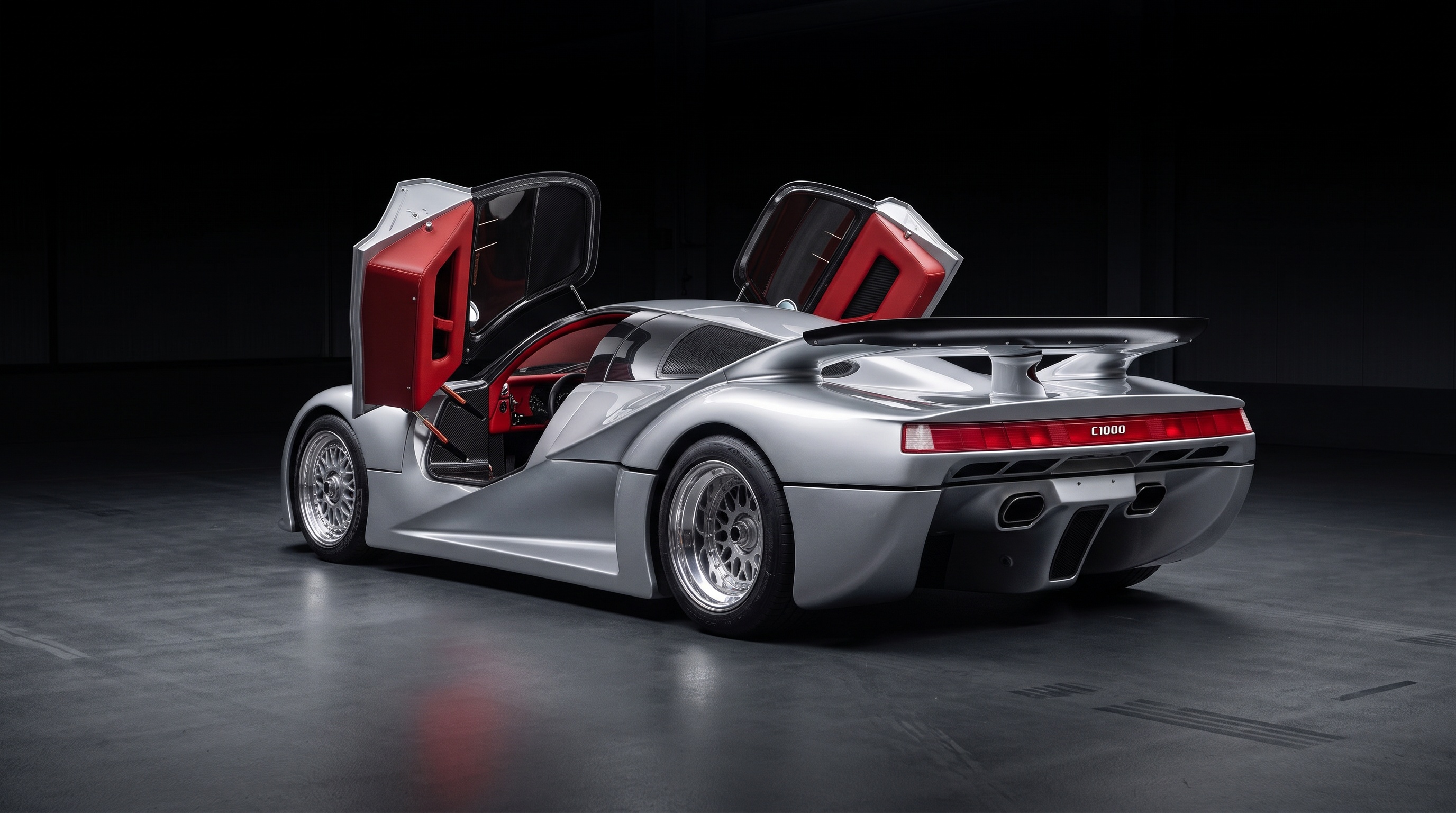 Rear three-quarter view of the silver Lotec C1000 with both upward-opening doors raised