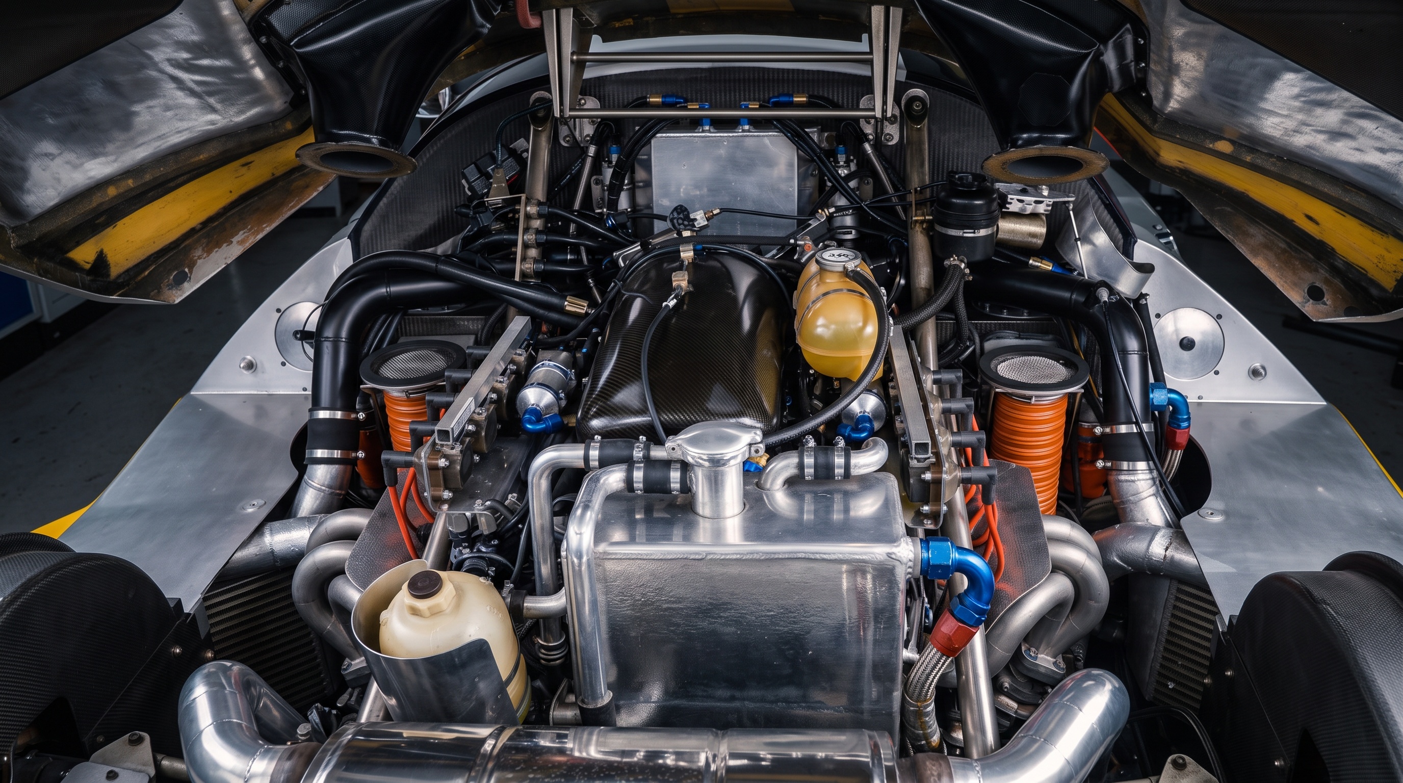 The open engine bay of the Lotec C1000 showing the twin-turbo Mercedes-Benz V8, polished charge plumbing and carbon intake chamber