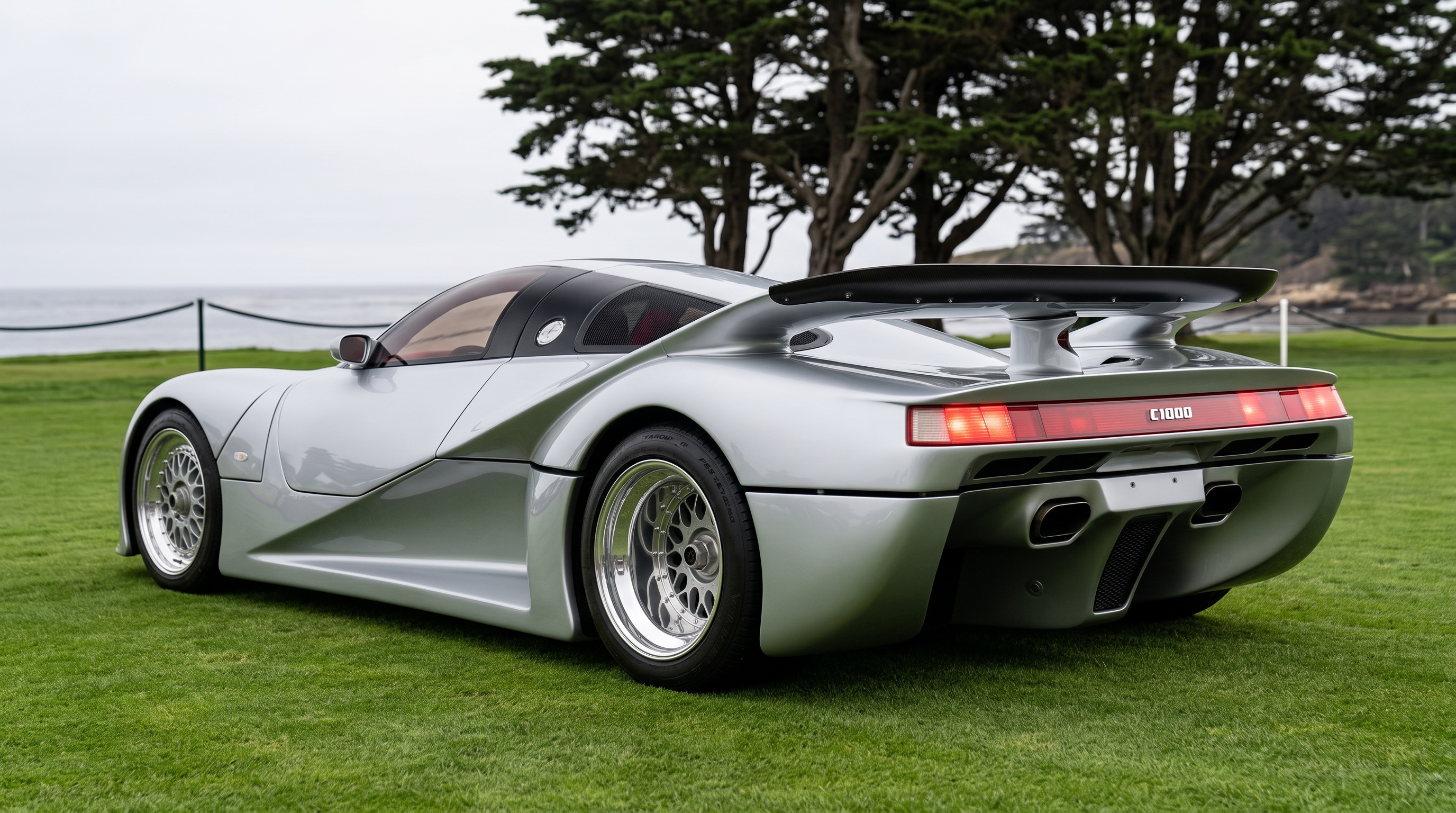 The restored silver Lotec C1000 displayed on the concours lawn at Pebble Beach