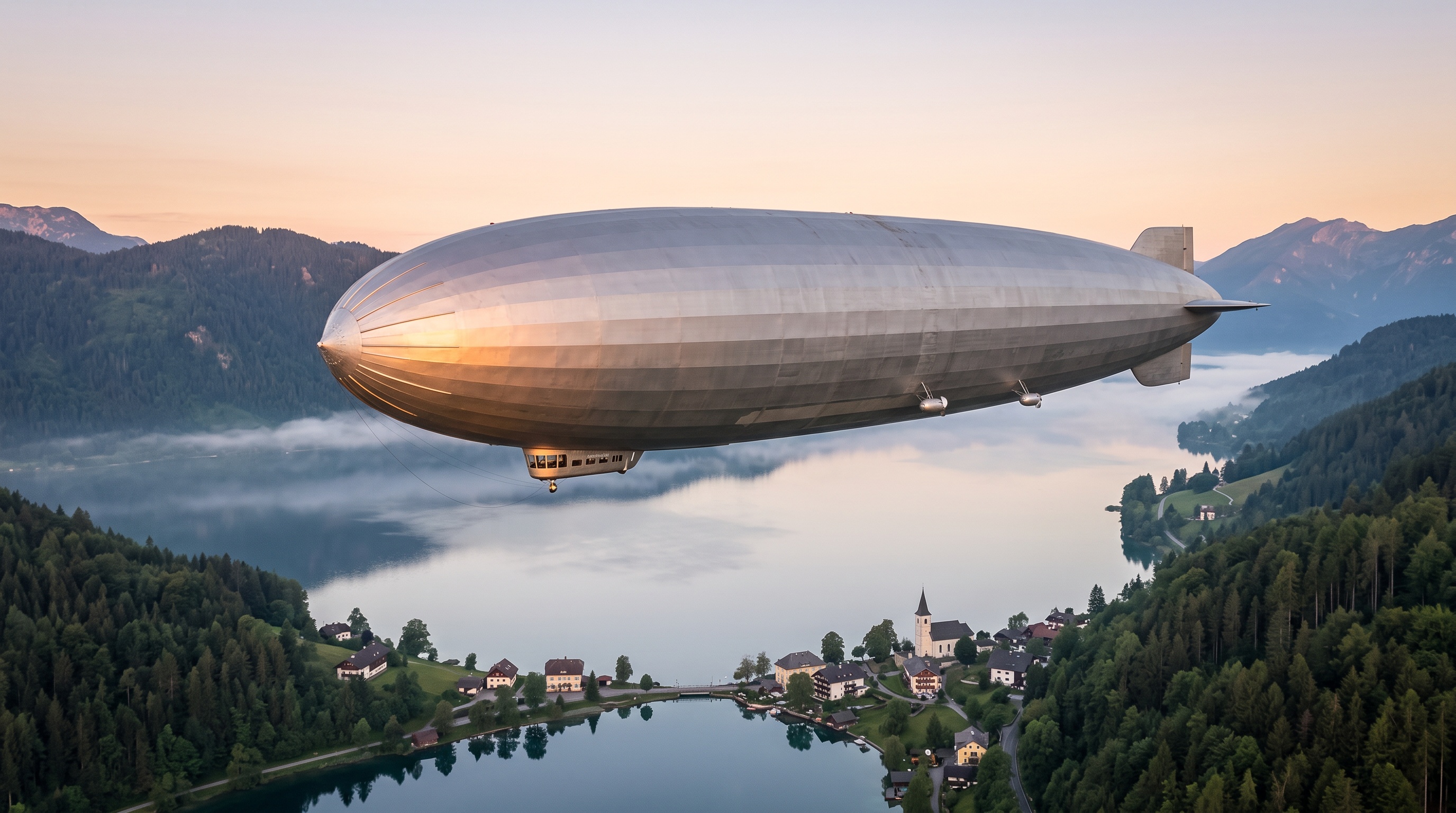 Un dirigible Zeppelin plateado volando bajo sobre un lago alpino al amanecer
