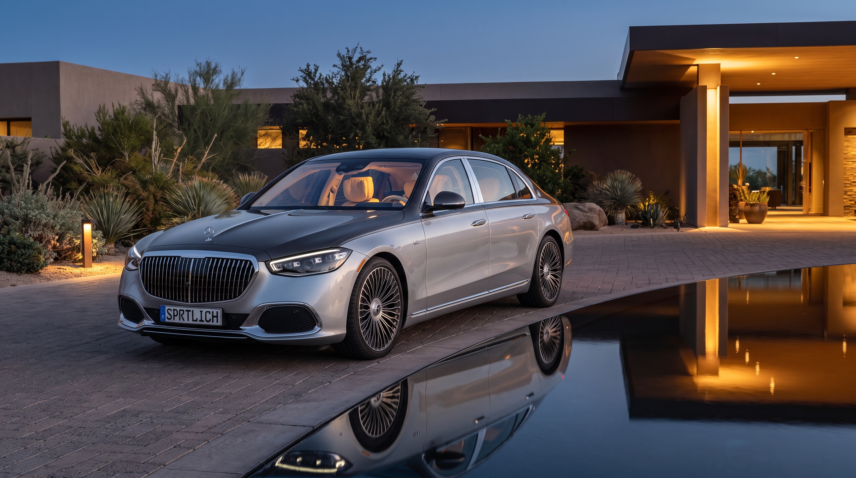 Un Mercedes-Maybach Clase S al crepúsculo en la entrada de un moderno resort de lujo
