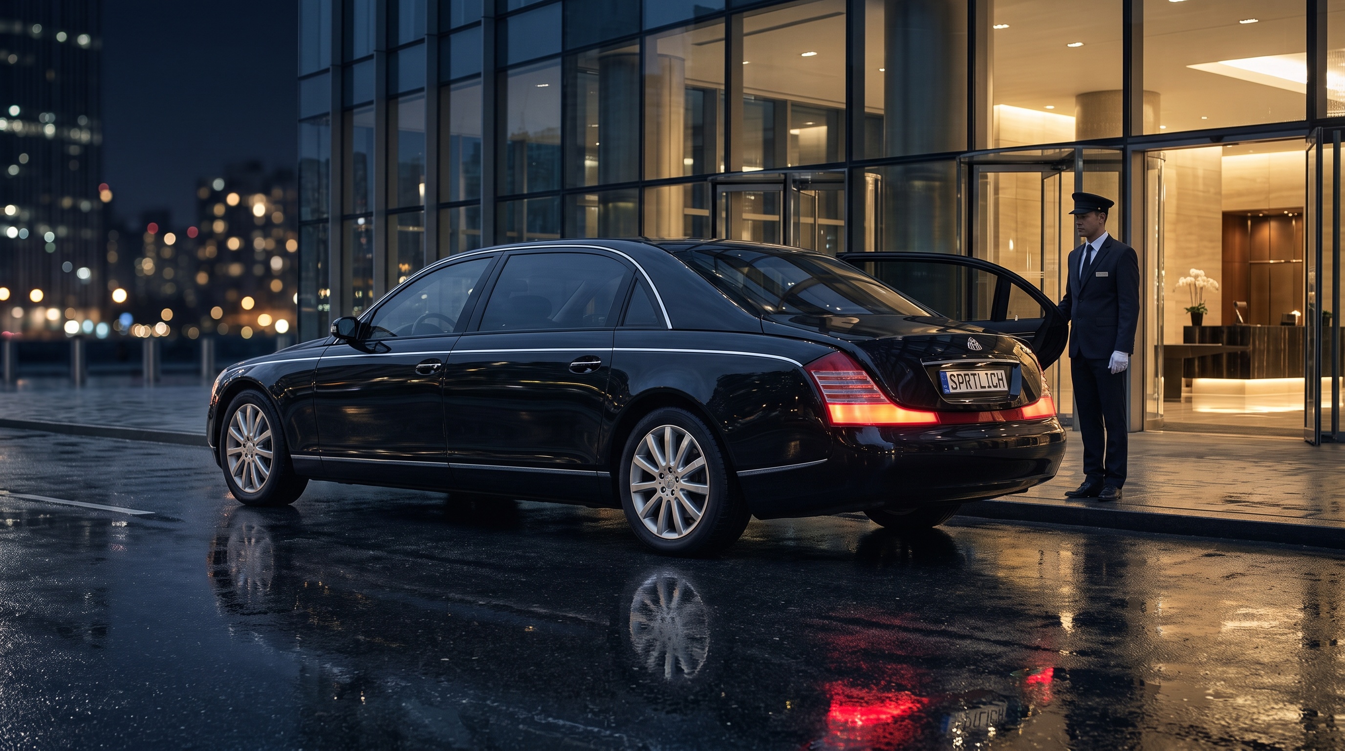 Un Maybach 62 S de noche delante de un rascacielos, chófer en la puerta trasera