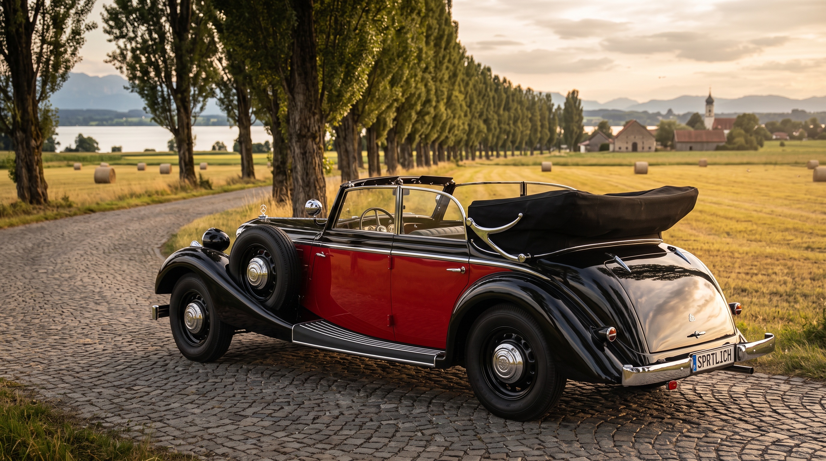 Un cabriolet Maybach SW 38 en un camino rural bordeado de álamos, a la luz dorada