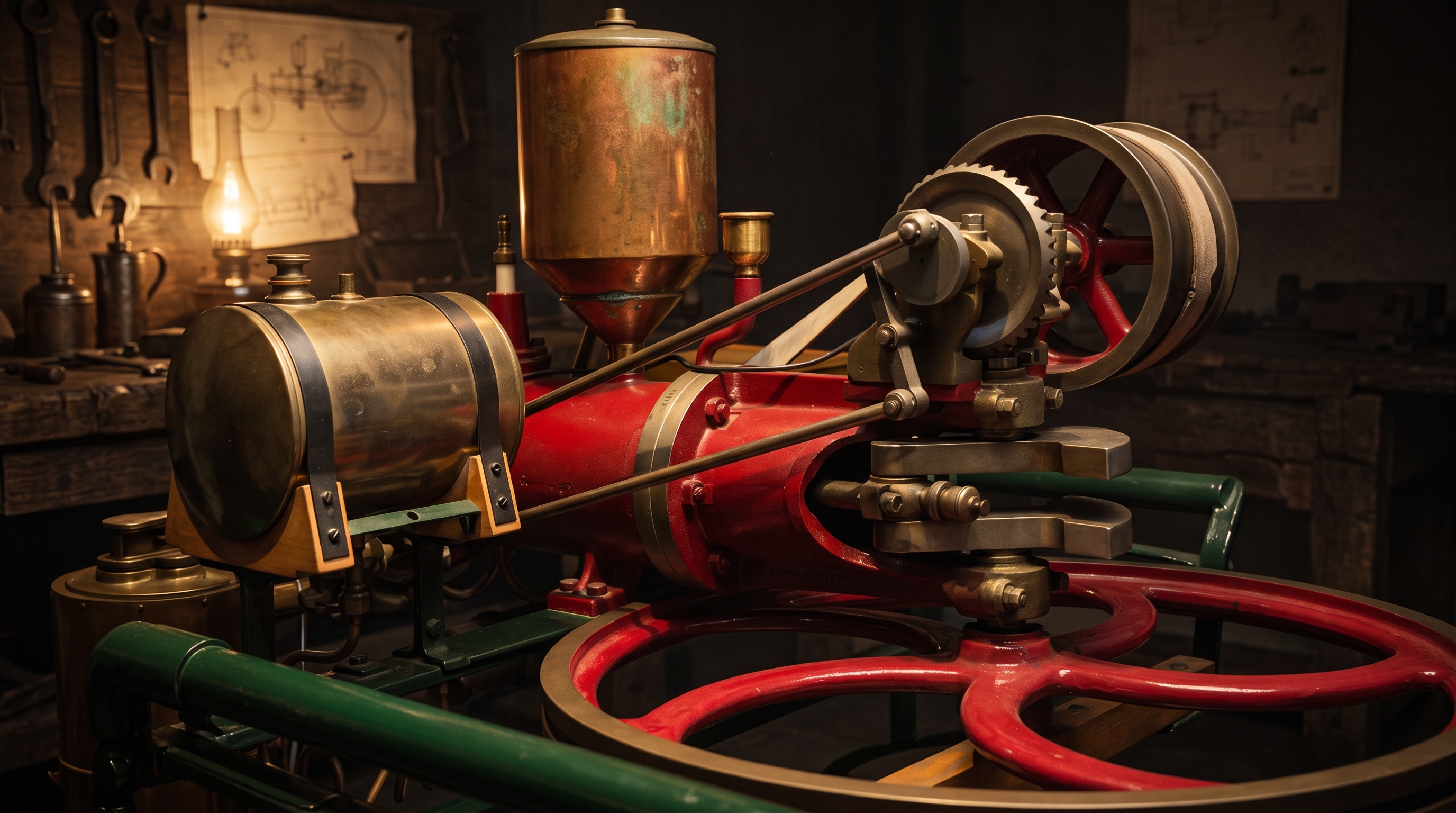 Close view of the Patent-Motorwagen's horizontal single-cylinder engine, brass fittings and red flywheel