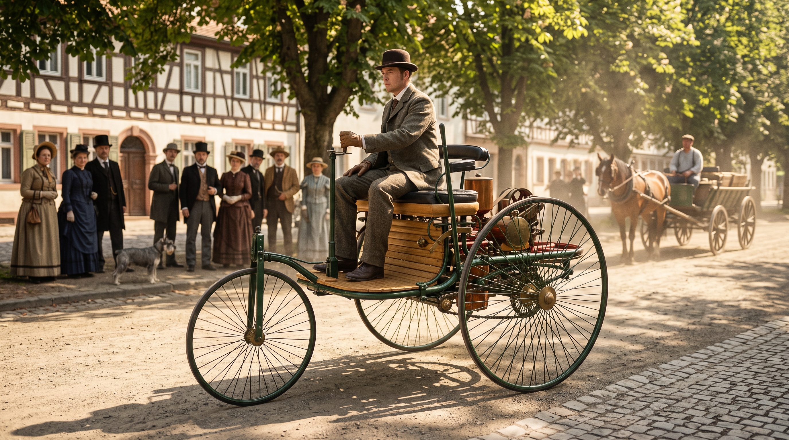 A Benz Patent-Motorwagen driven along a Mannheim street in 1886 as people in period dress watch