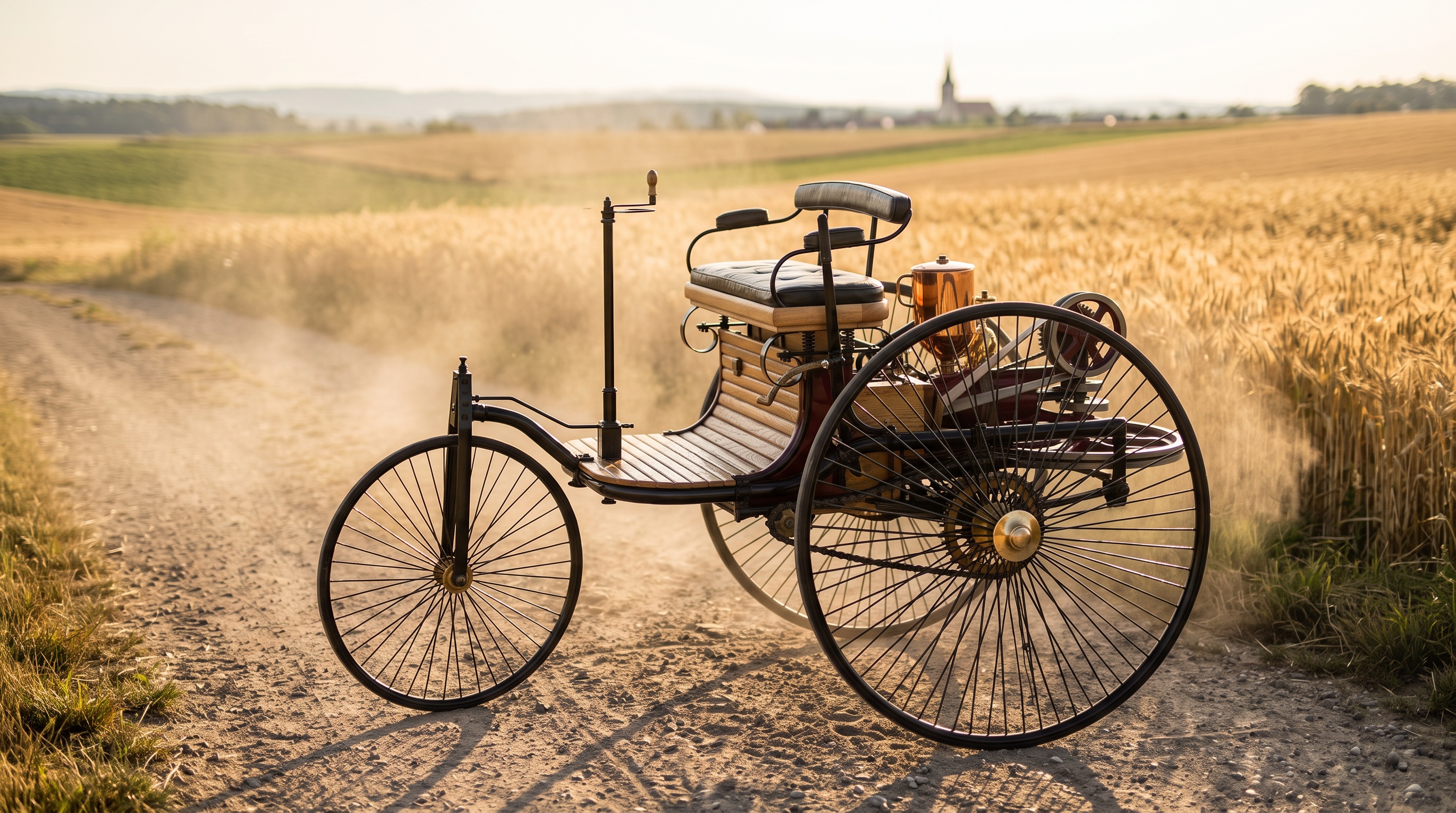 A Benz Patent-Motorwagen on a dusty country road between wheat fields in summer