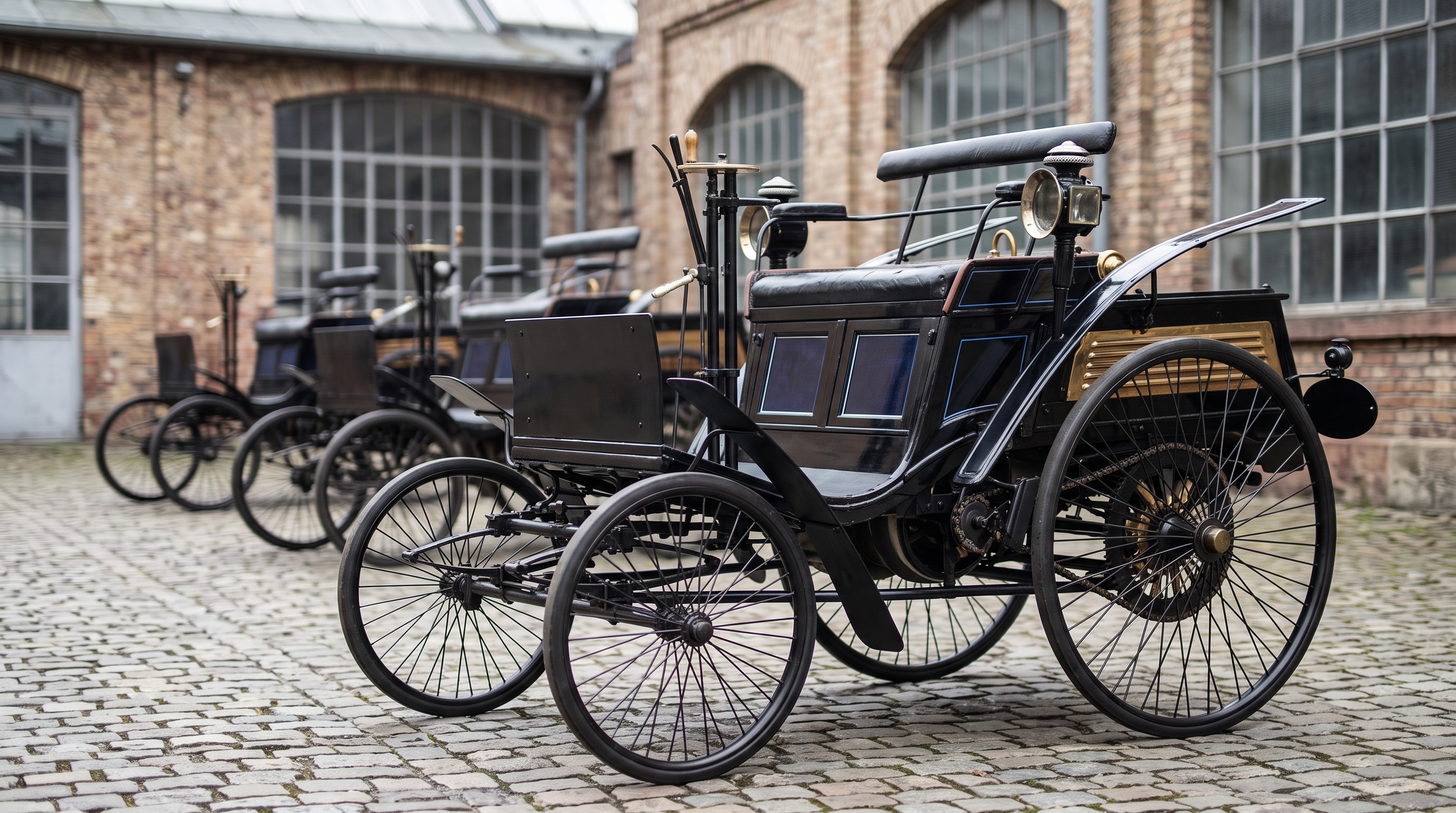 A row of Benz Velos in the cobbled courtyard of the Mannheim factory