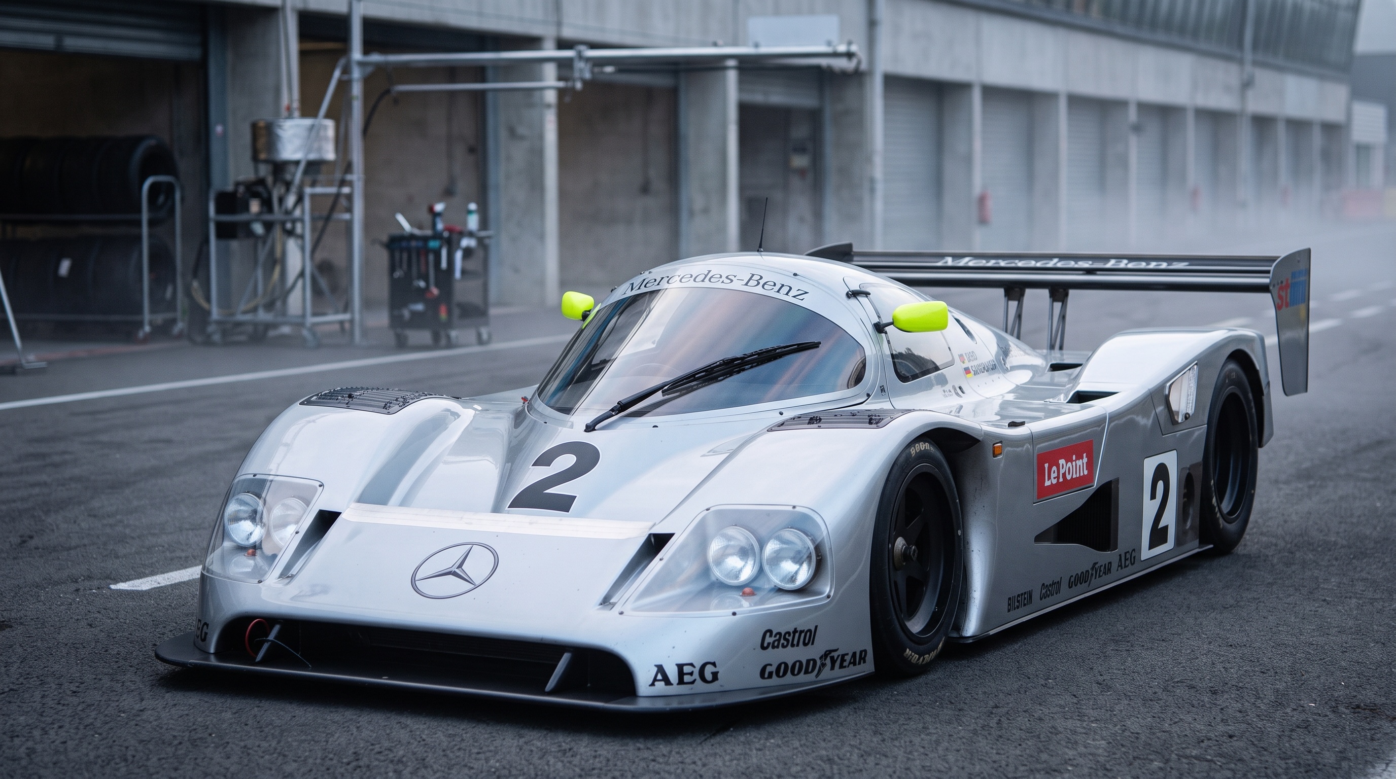 Srebrny Mercedes-Benz C11 z numerem 2 stojący w mglistym boksie