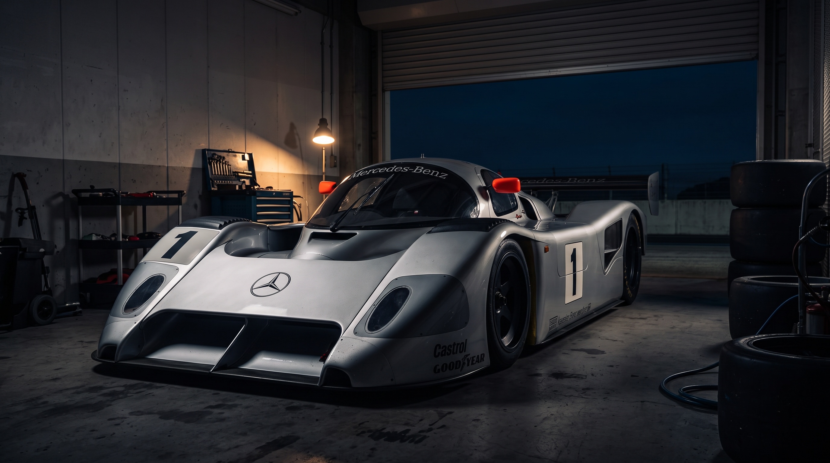 Mercedes-Benz C291 pod pojedynczą lampą roboczą w ciemnym garażu boksowym w nocy