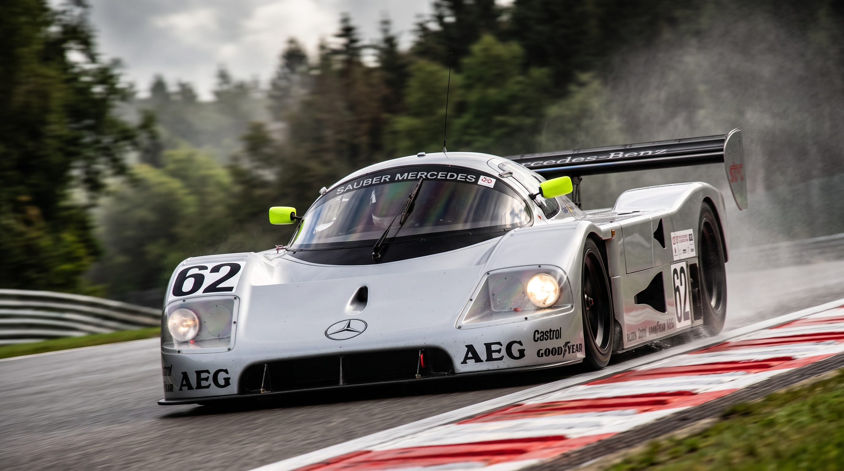 Srebrny Sauber-Mercedes C9 z numerem 62 pokonujący zakręt pod górę w deszczu
