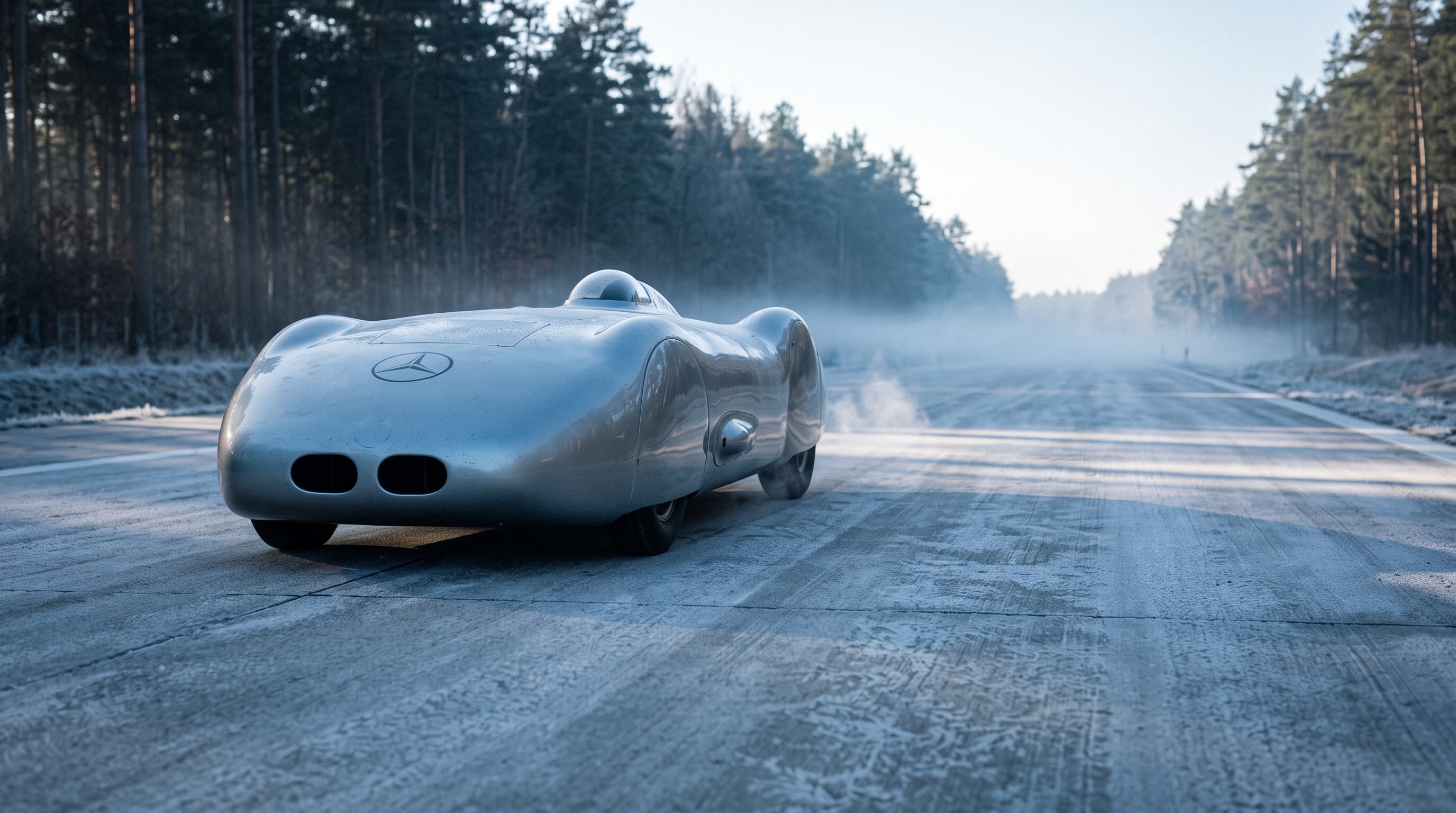 The streamlined Mercedes-Benz W 125 record car on a frost-covered autobahn at dawn