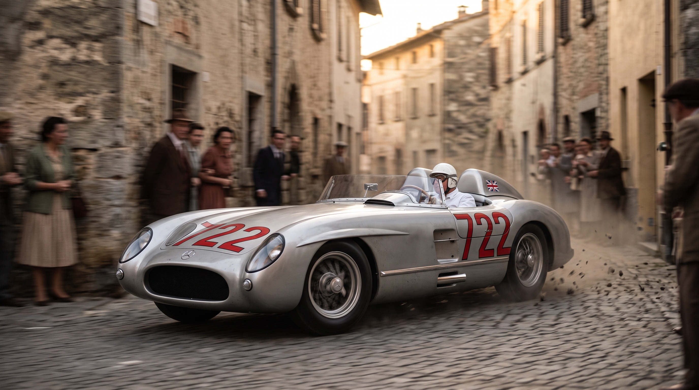 A Mercedes-Benz 300 SLR carrying the number 722 at speed through a narrow Italian village street