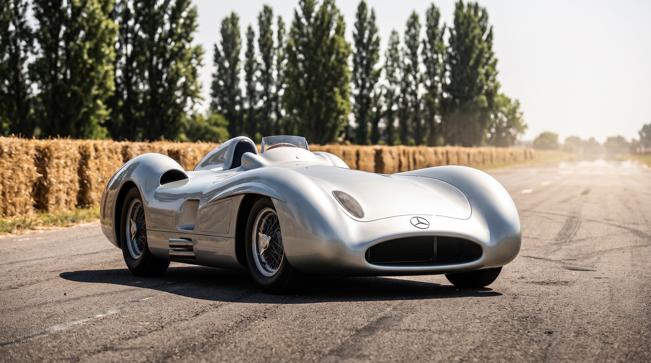 A Mercedes-Benz W 196 R streamliner on a straw-baled road circuit lined with poplar trees
