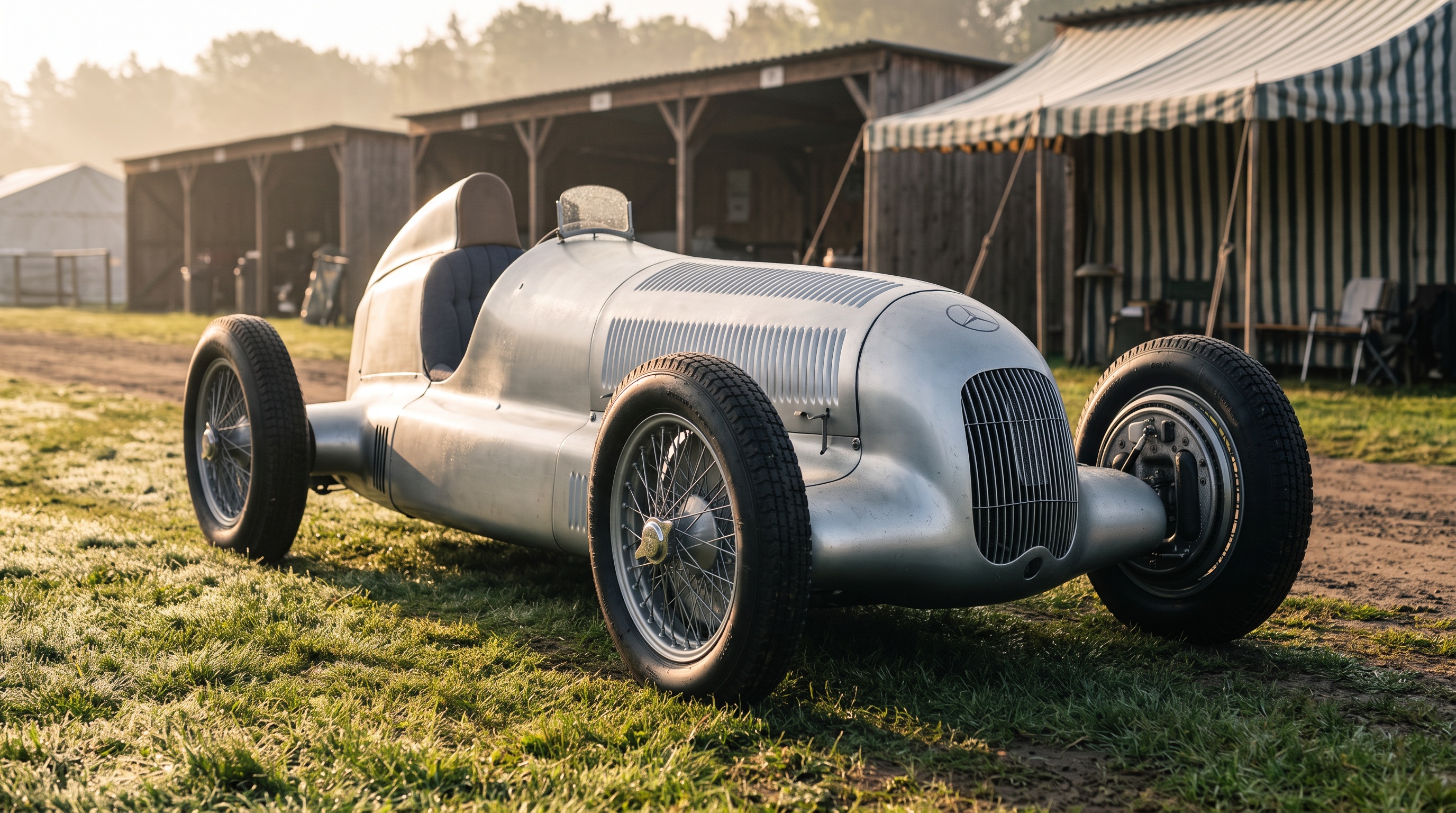A 1934 Mercedes-Benz W 25 Grand Prix car in bare aluminum in a grass paddock at dawn