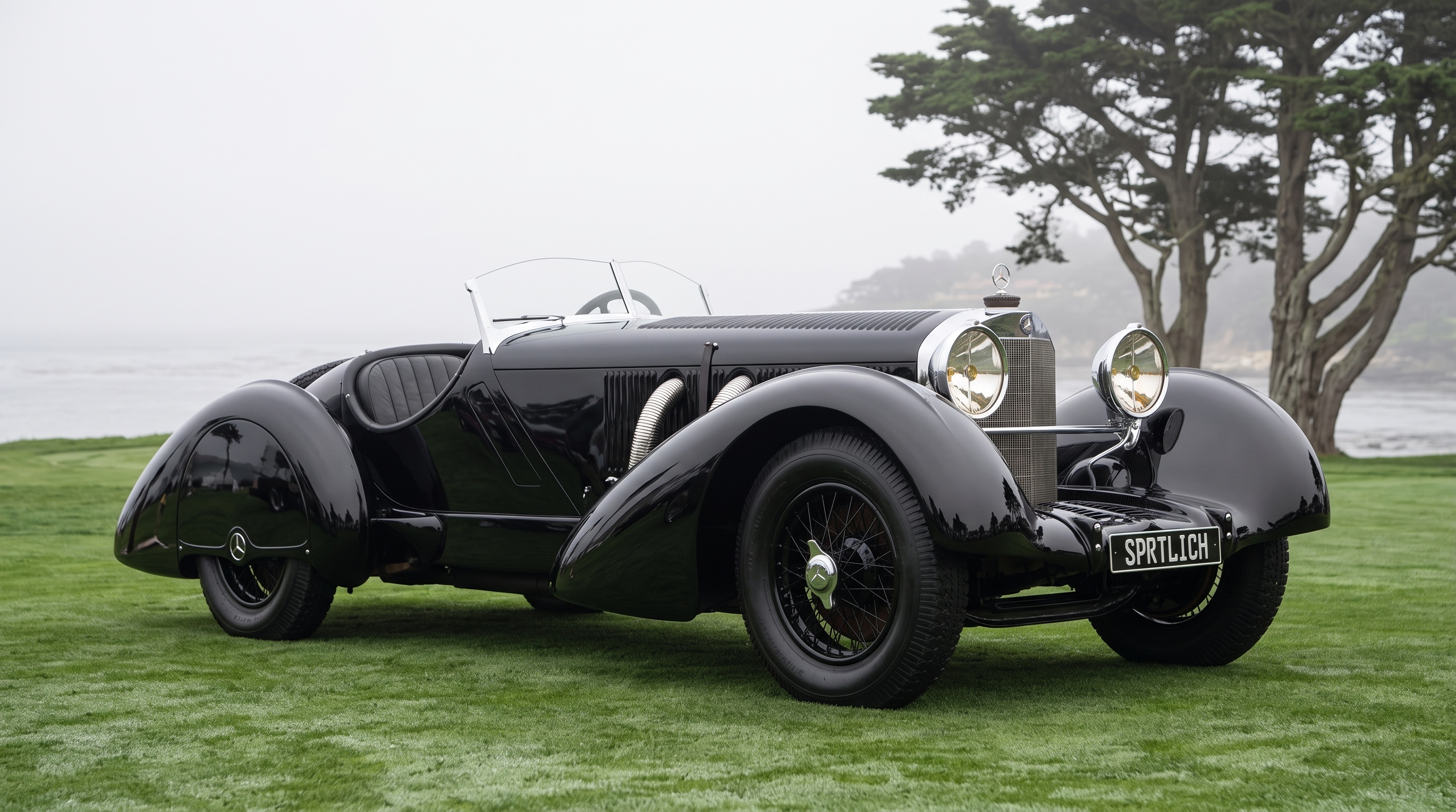 The black Count Trossi SSK parked on the lawn at the Pebble Beach Concours d'Elegance in morning fog