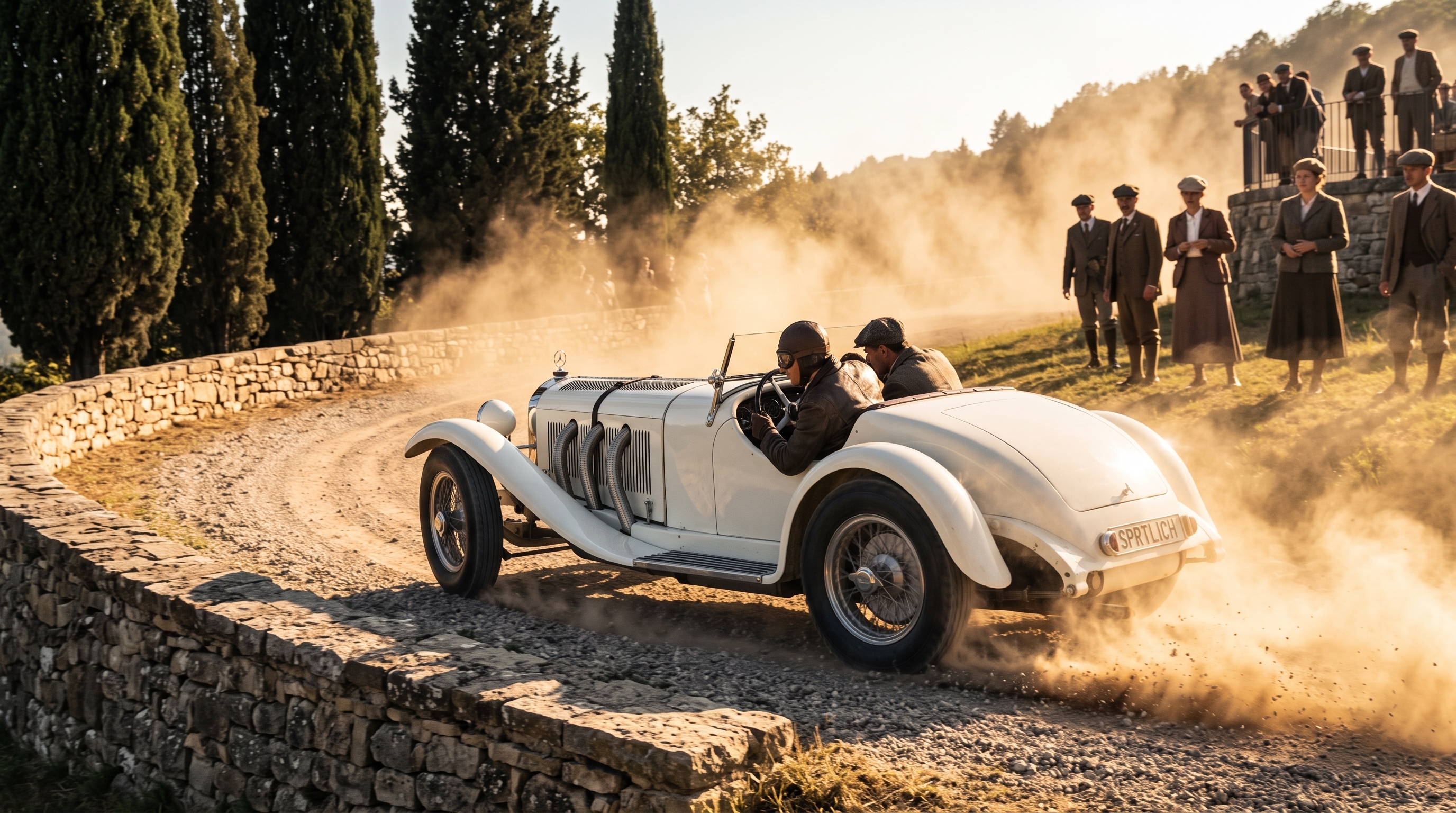 A white works Mercedes-Benz SSK racing up a dusty mountain hairpin around 1930