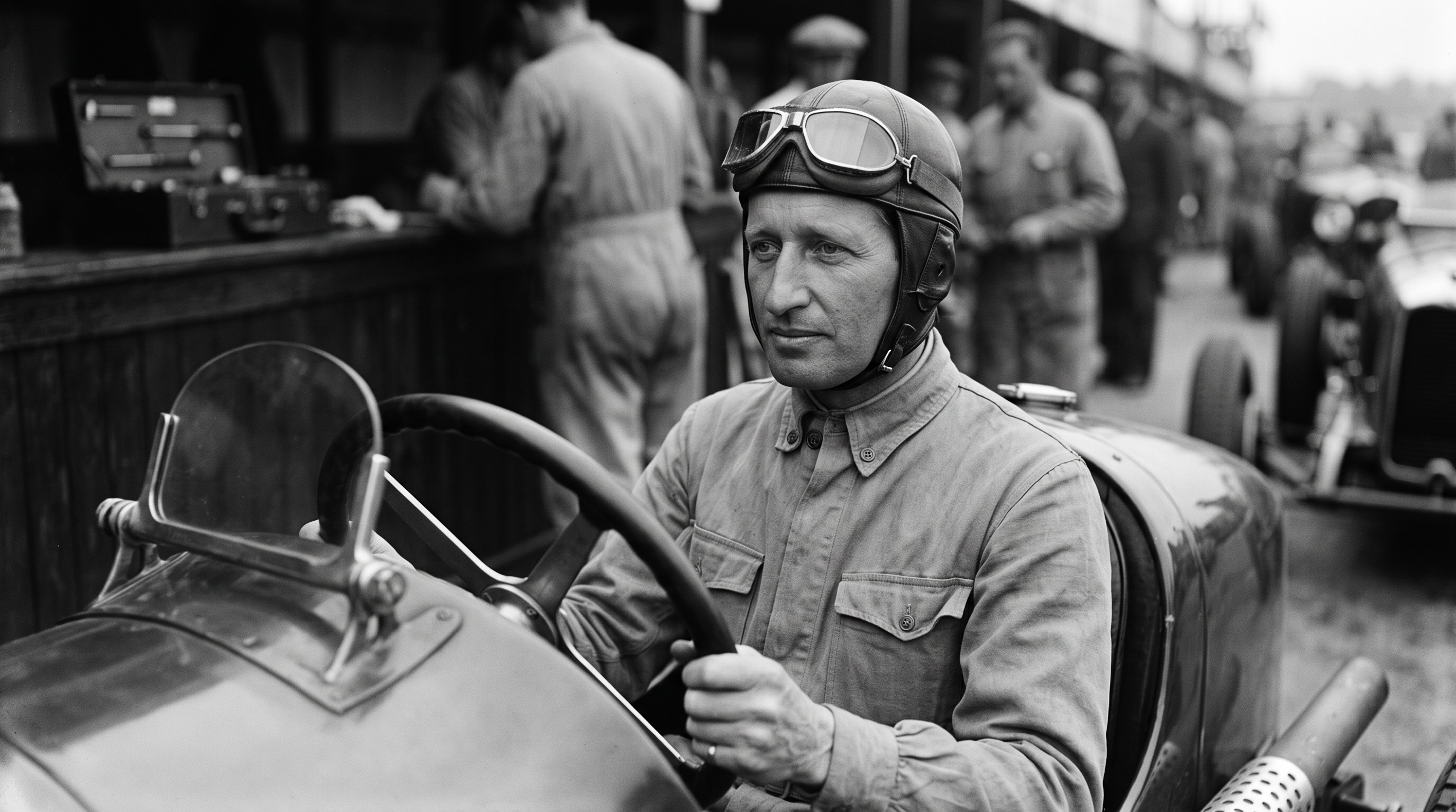 Monochrome portrait of Count Carlo Felice Trossi in leather helmet and goggles at the wheel of a Grand Prix car