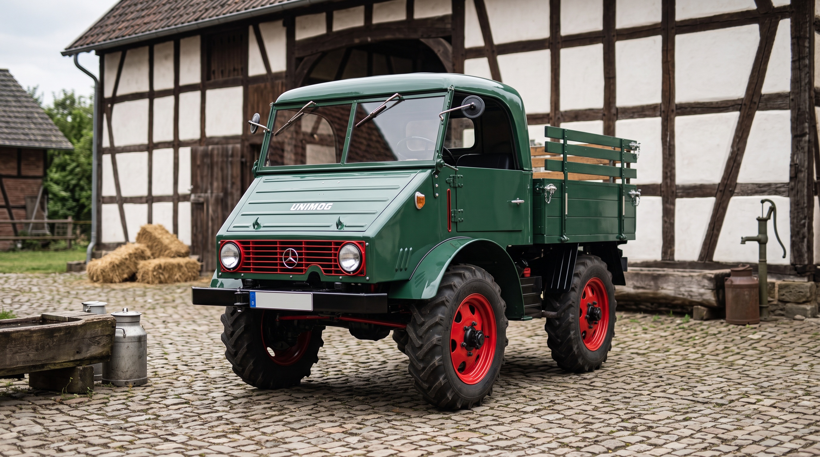 A Mercedes-Benz Unimog 401 with closed cab in a 1950s German farmyard