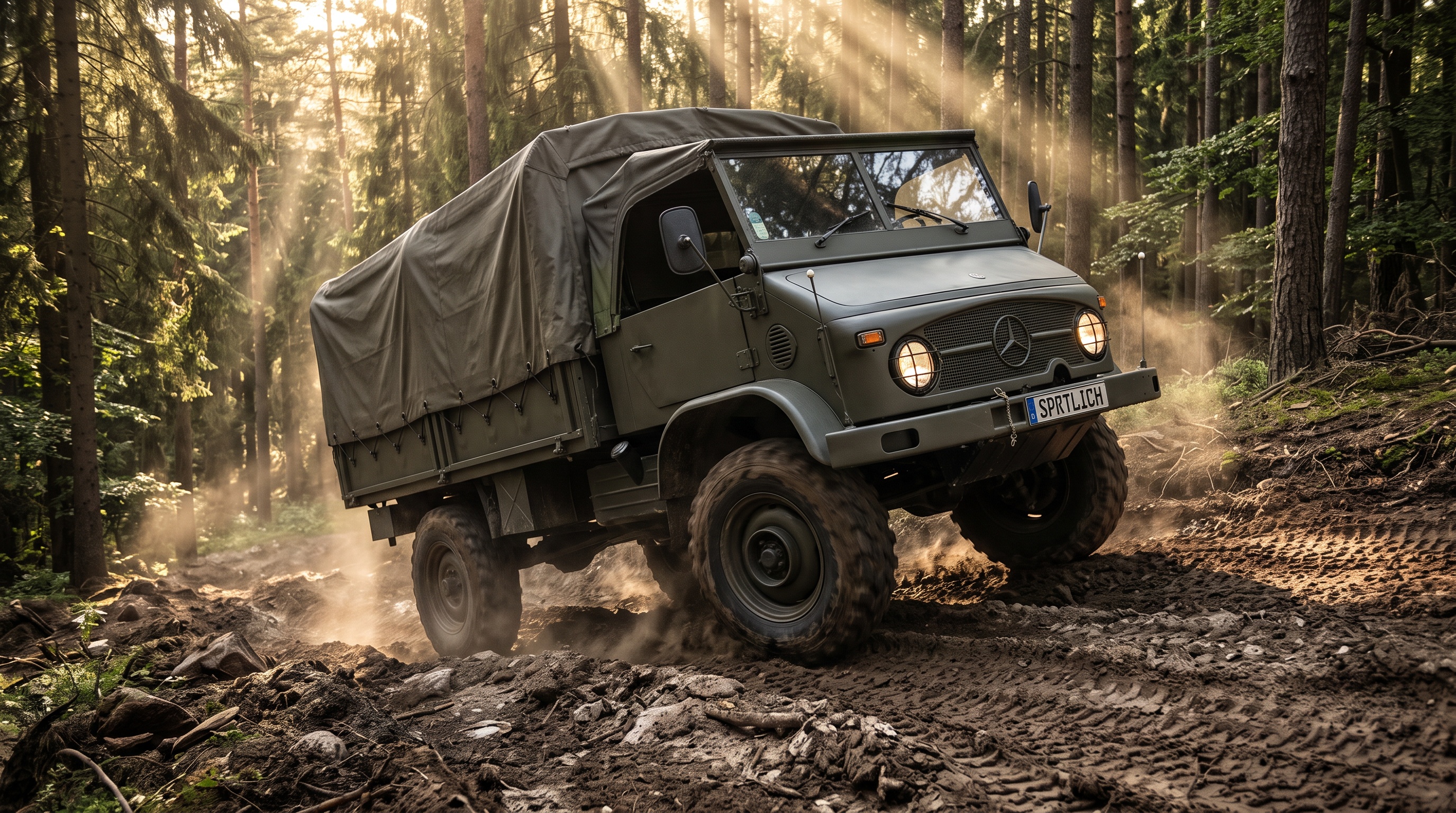 A Unimog S 404 climbing a steep rutted forest track