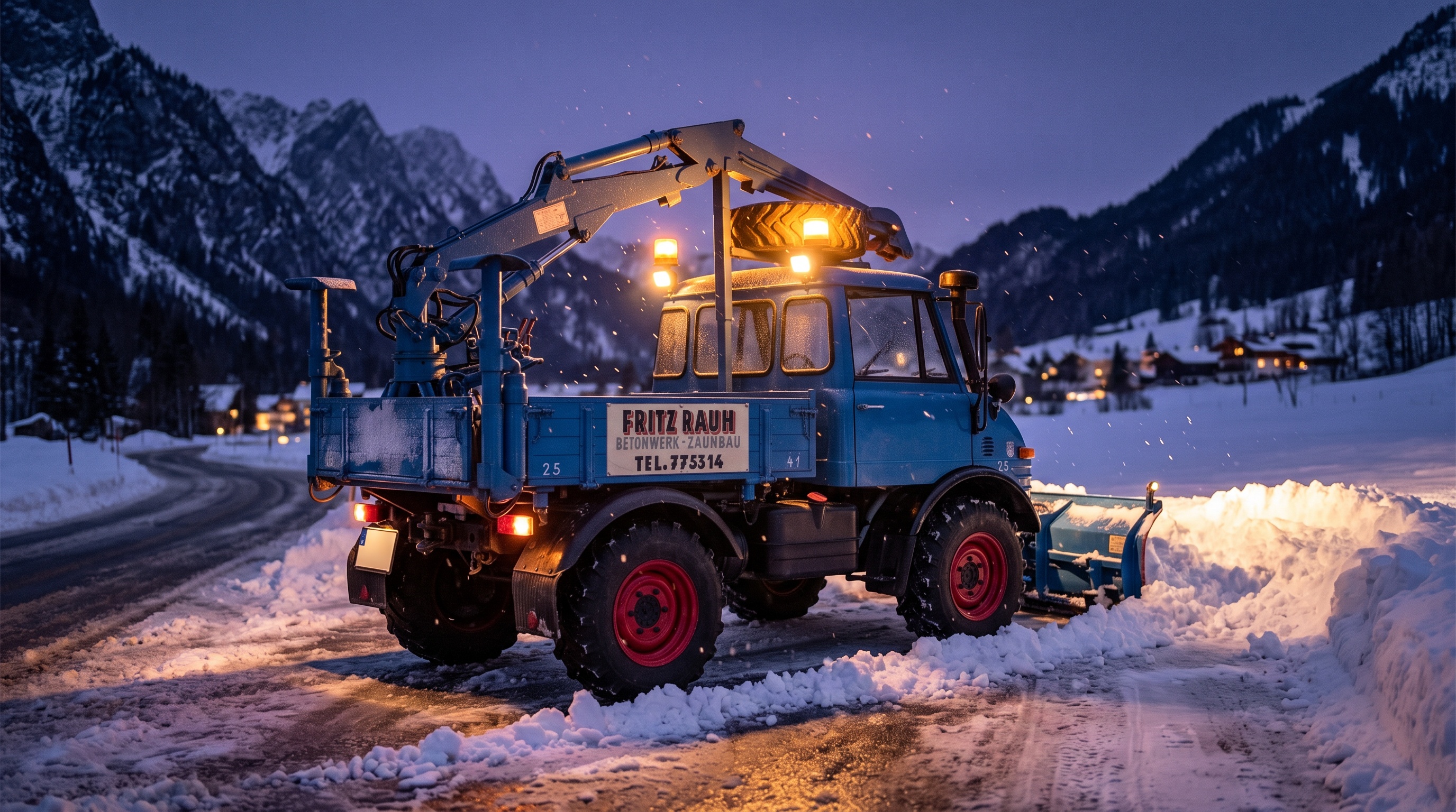A classic Unimog with a snowplow clearing an alpine pass at dusk