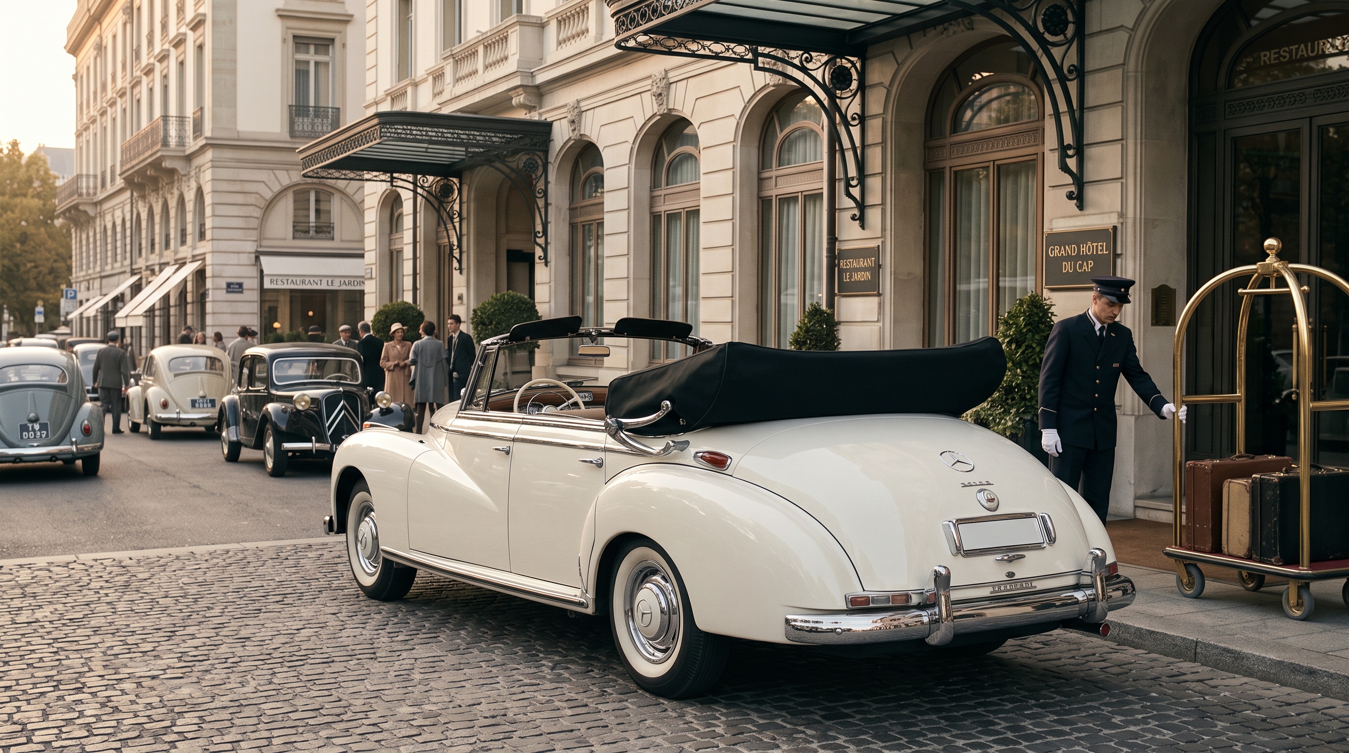 A white Mercedes-Benz 300 Cabriolet D with its black top folded, outside a grand hotel