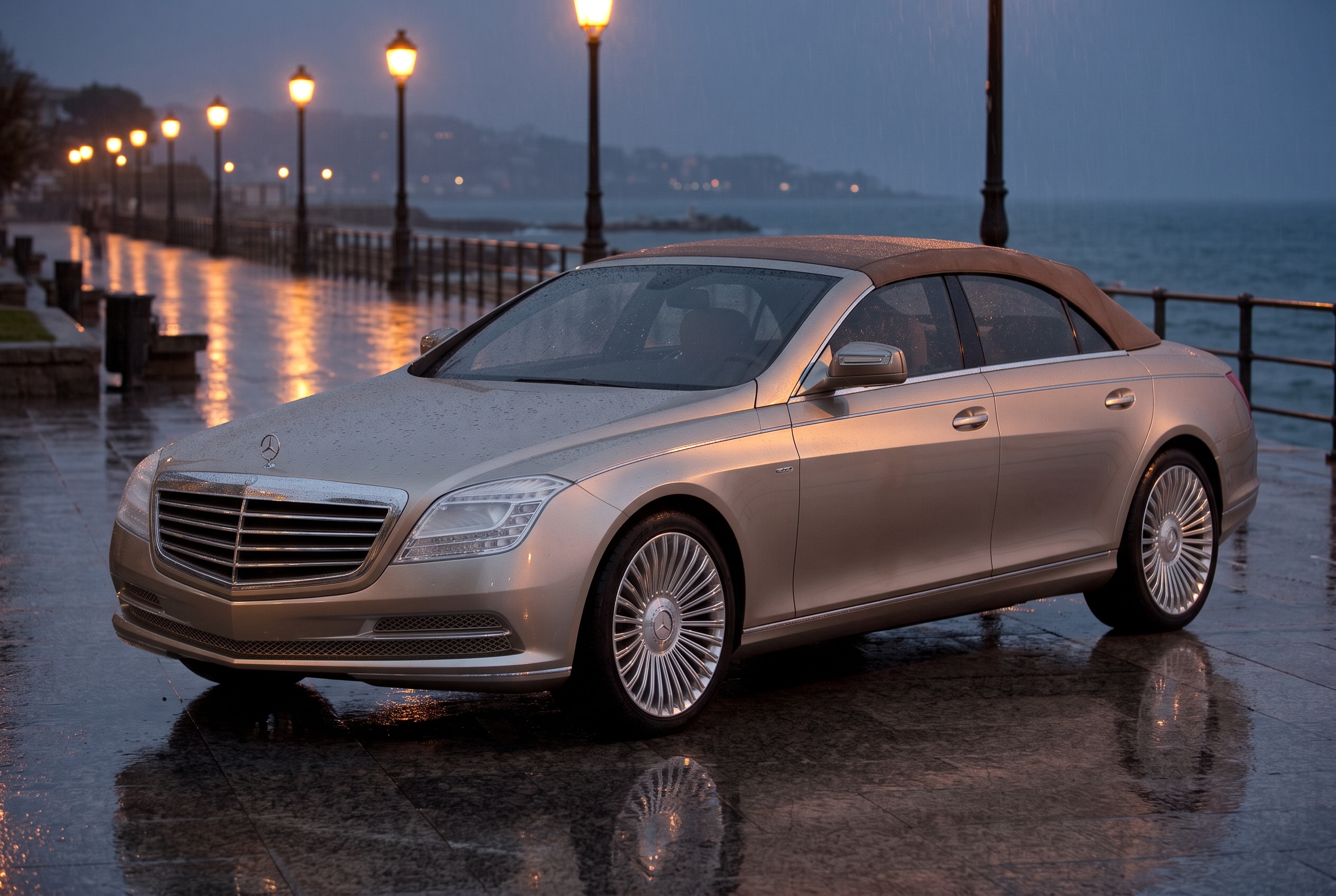 Ocean Drive with its mocha fabric top raised, on a rainy seaside promenade at night