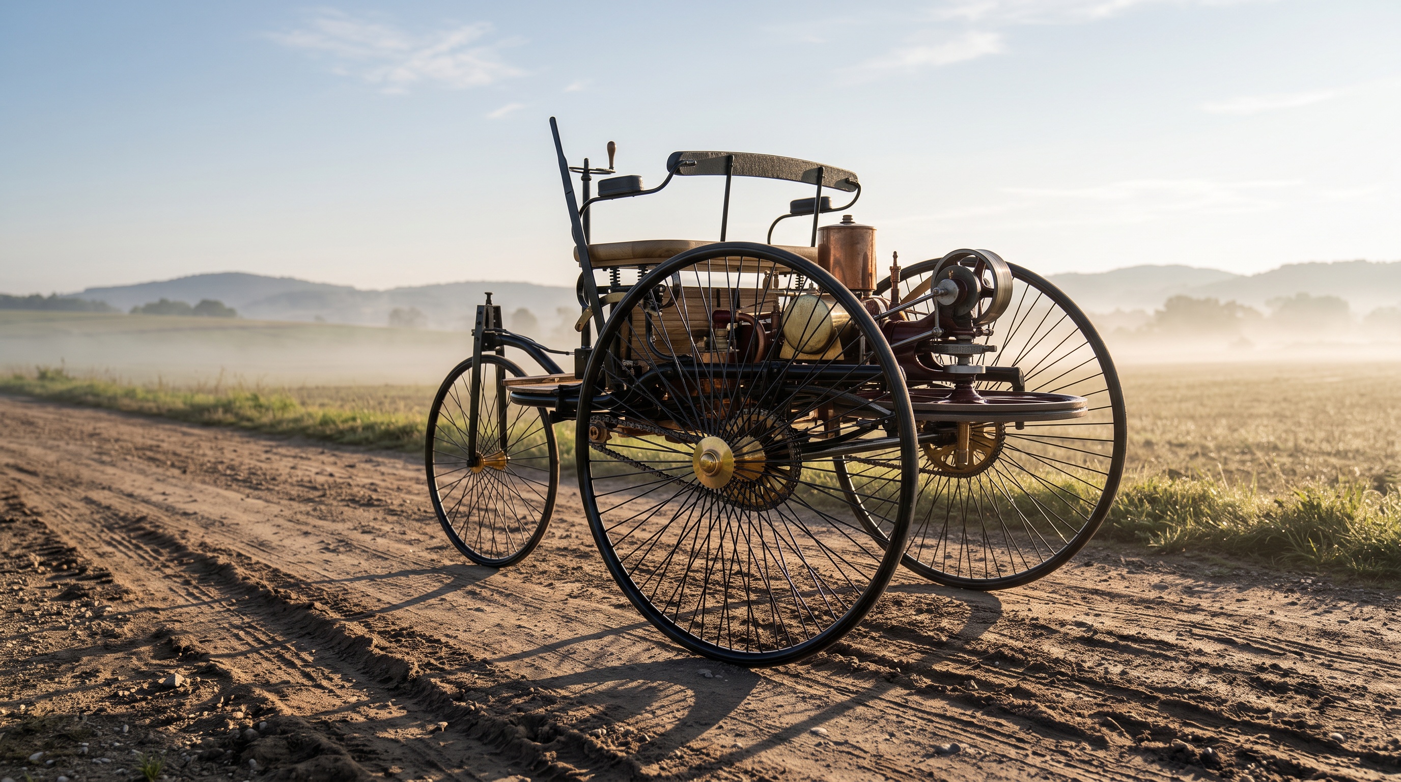 The Benz Patent-Motorwagen alone on a misty country road at dawn