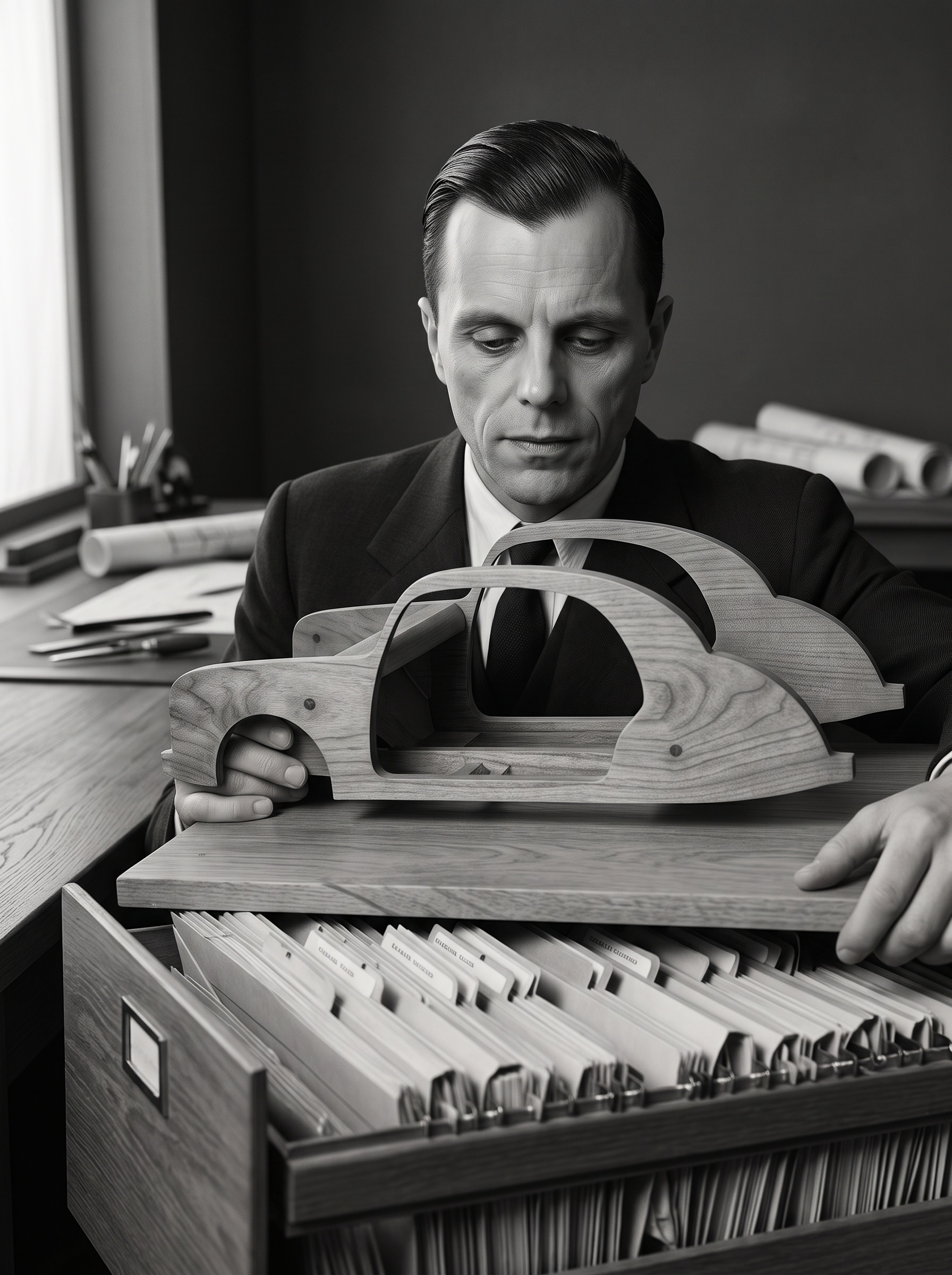 Béla Barényi studying wooden car body cross-section models