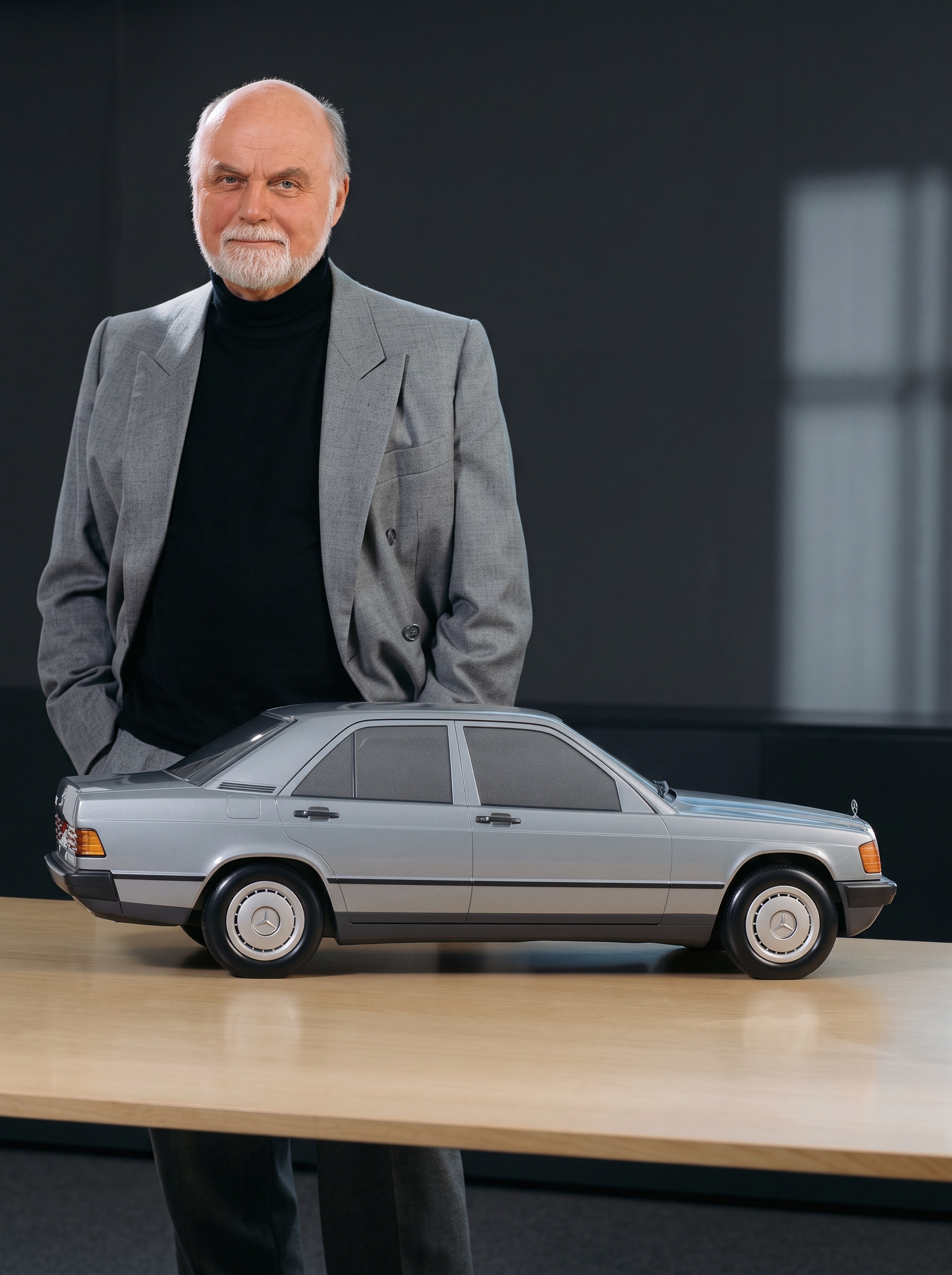 Bruno Sacco standing behind a scale model of the Mercedes-Benz 190